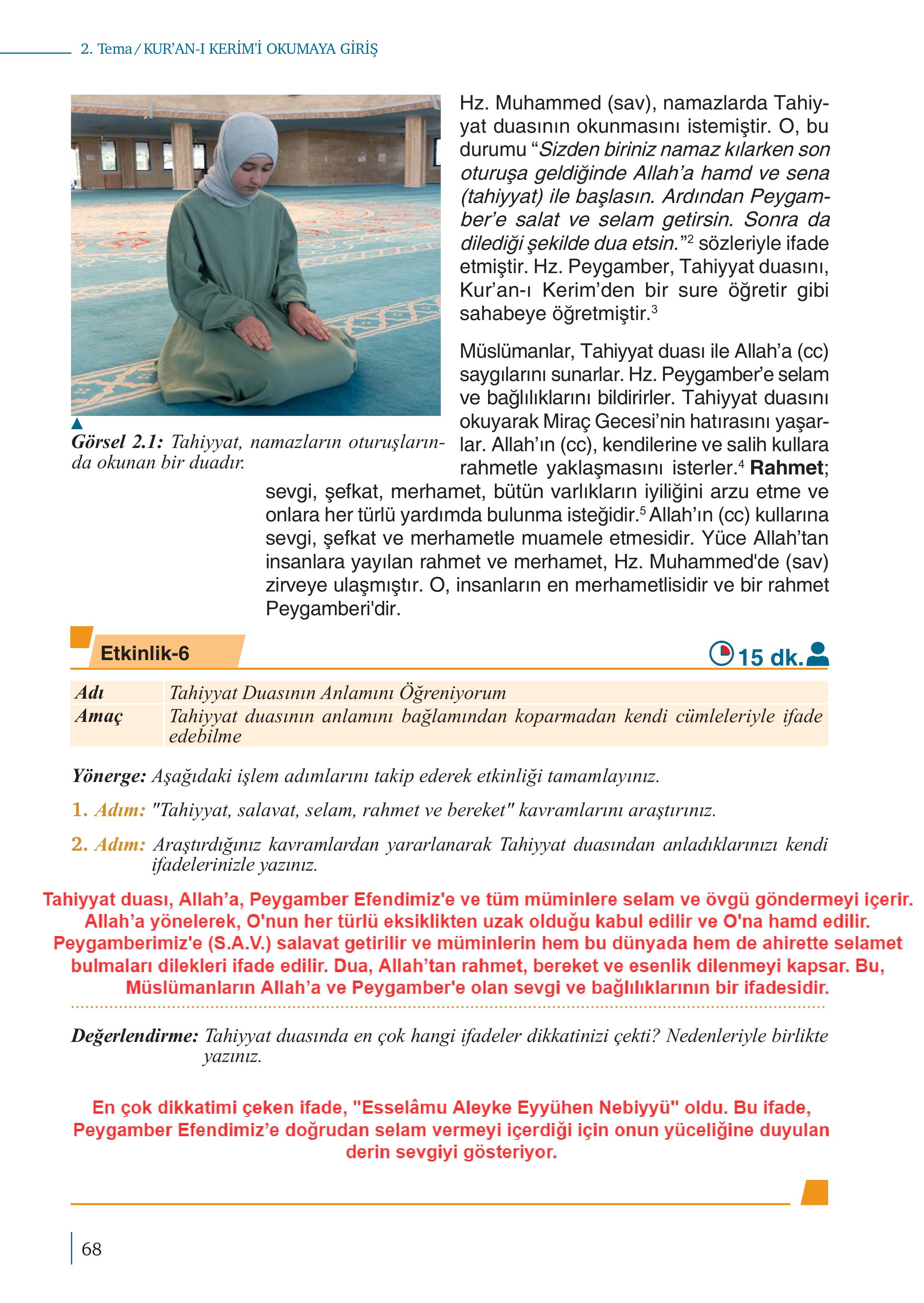 5. Sınıf Meb Yayınları Kuran-ı Kerim Ders Kitabı Sayfa 68 Cevapları