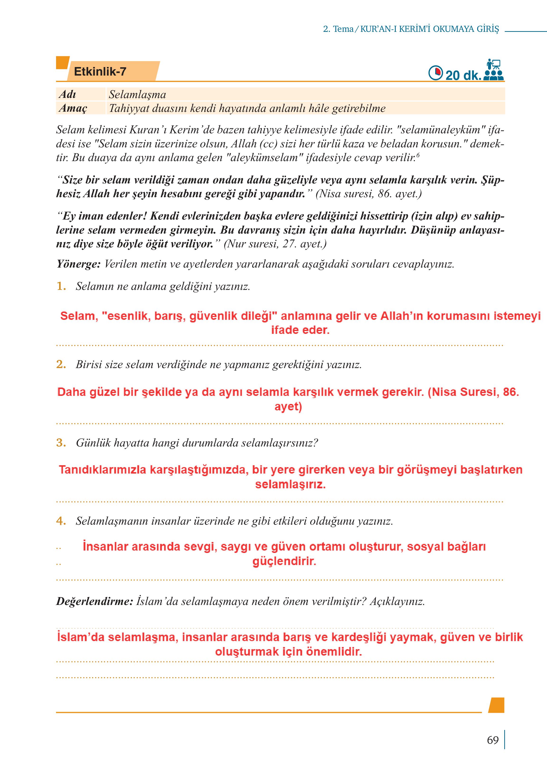5. Sınıf Meb Yayınları Kuran-ı Kerim Ders Kitabı Sayfa 69 Cevapları