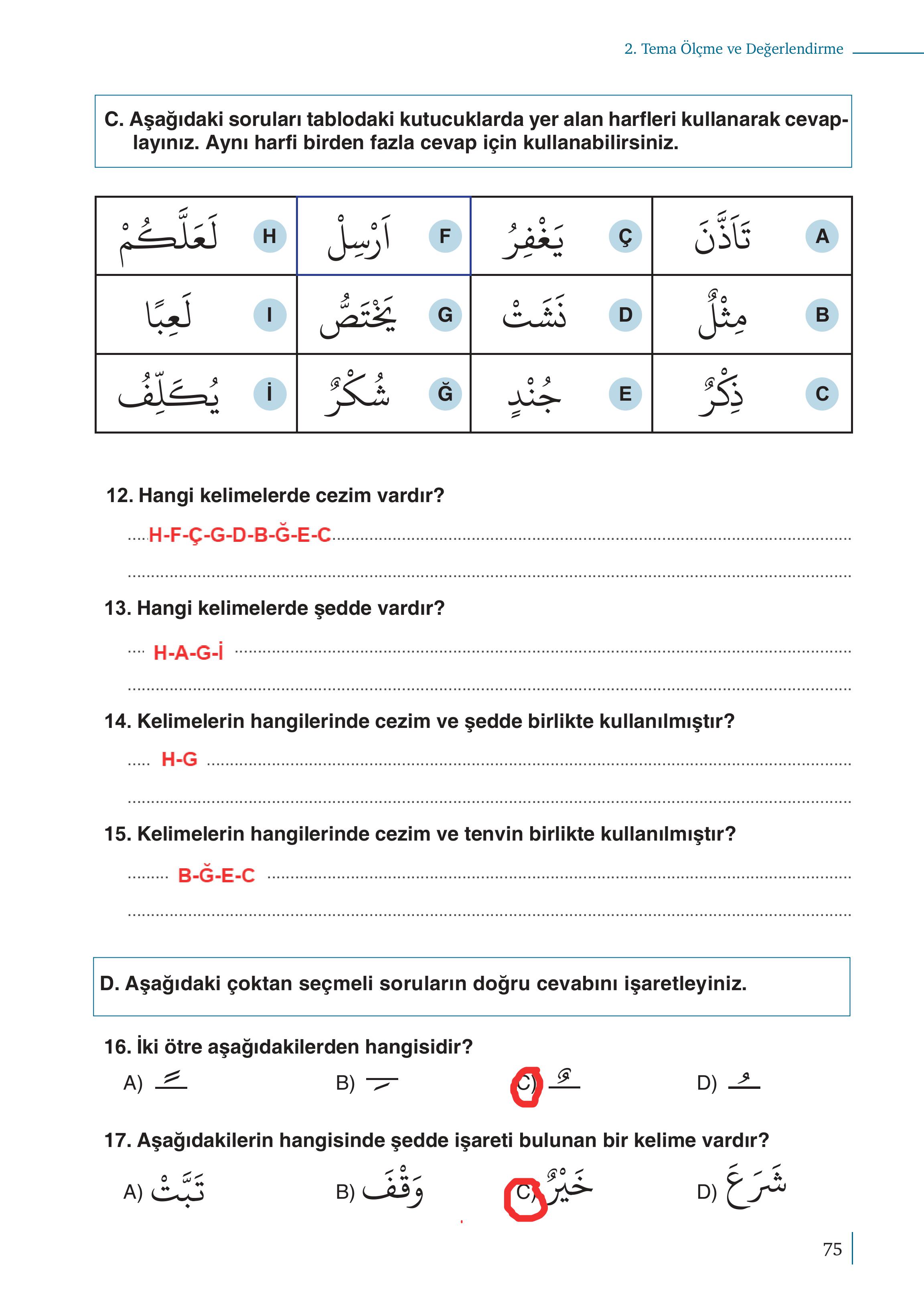 5. Sınıf Meb Yayınları Kuran-ı Kerim Ders Kitabı Sayfa 75 Cevapları