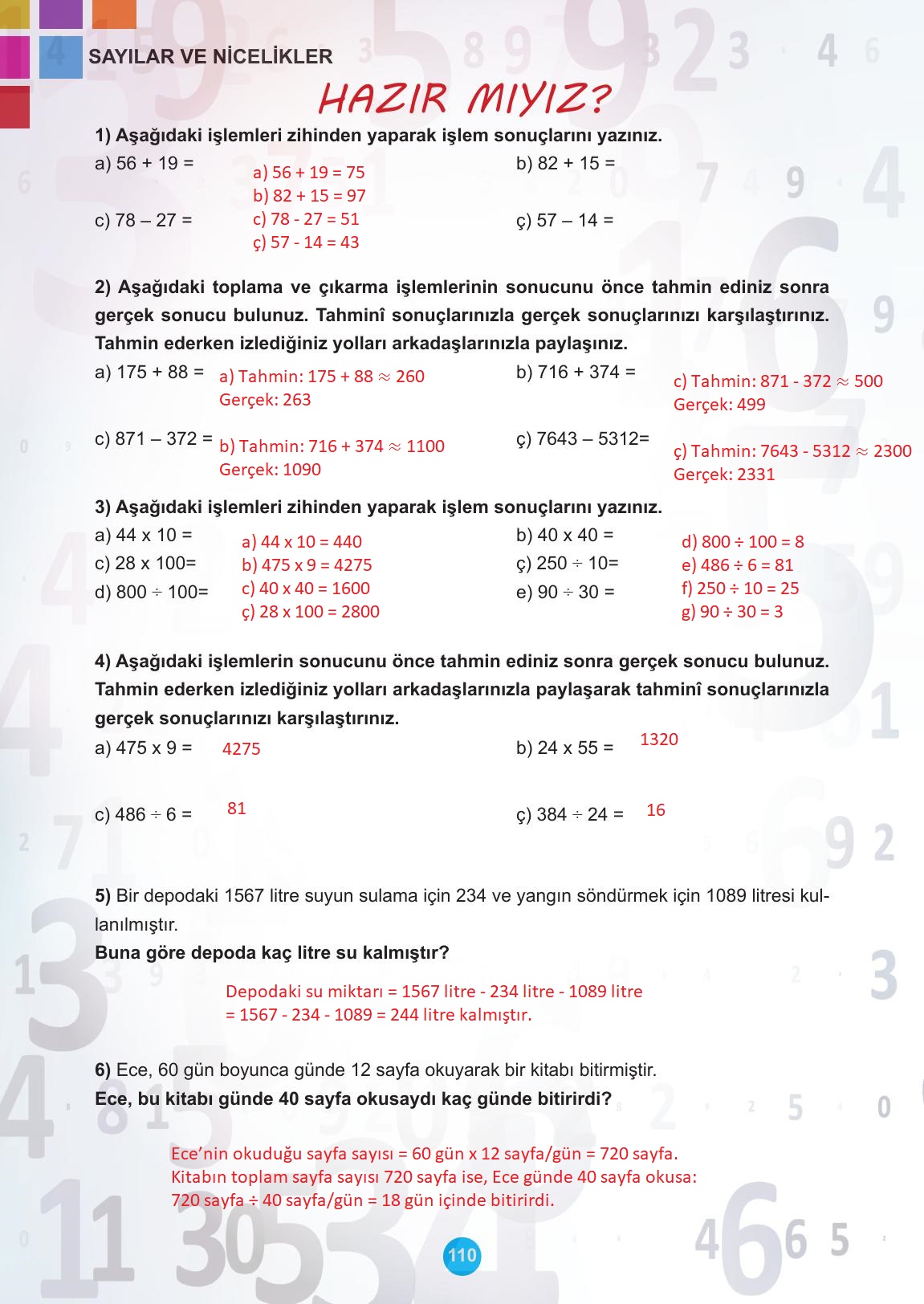 5. Sınıf Meb Yayınları Matematik Ders Kitabı 1. Kitap Sayfa 110 Cevapları