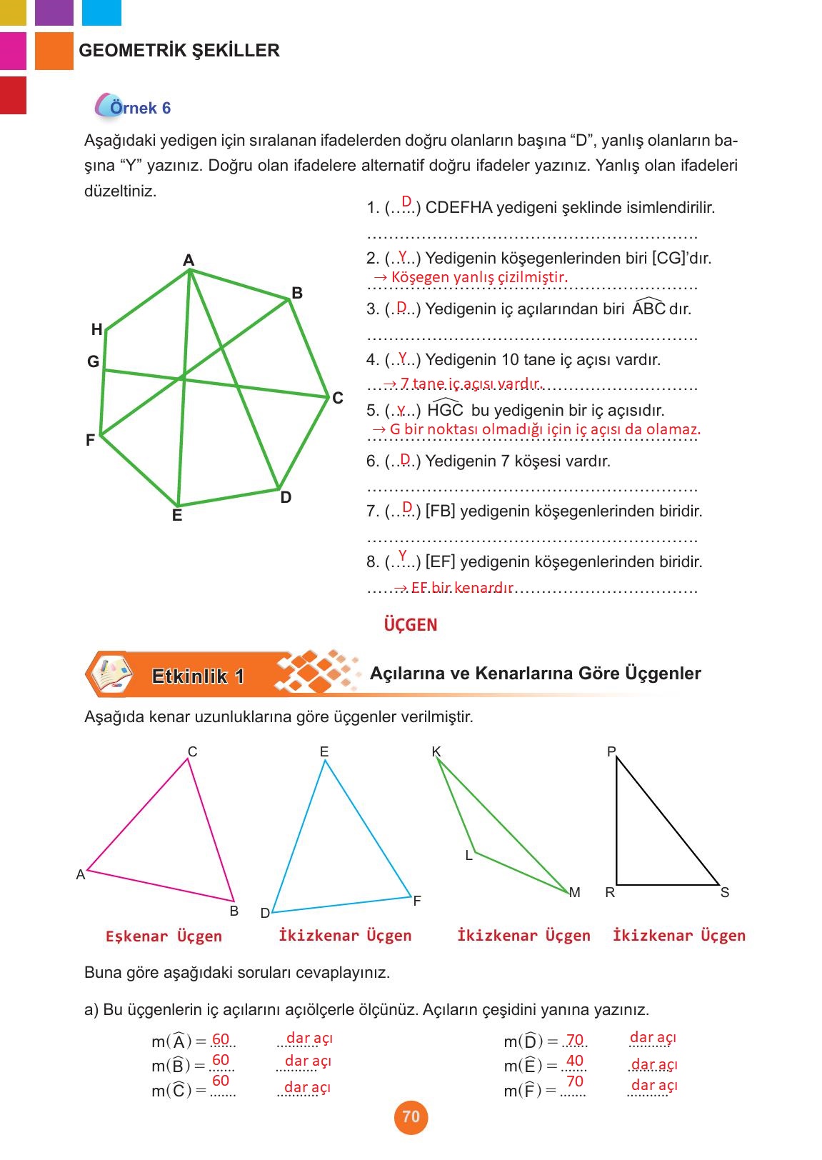 5. Sınıf Meb Yayınları Matematik Ders Kitabı 1. Kitap Sayfa 70 Cevapları