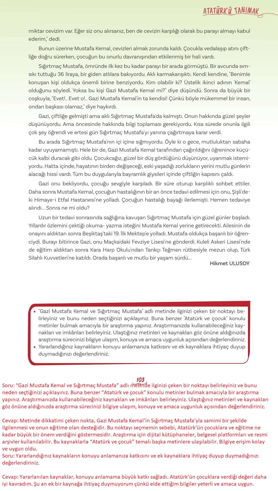 5. Sınıf Meb Yayınları Türkçe Ders Kitabı 1. Kitap Sayfa 103 Cevapları