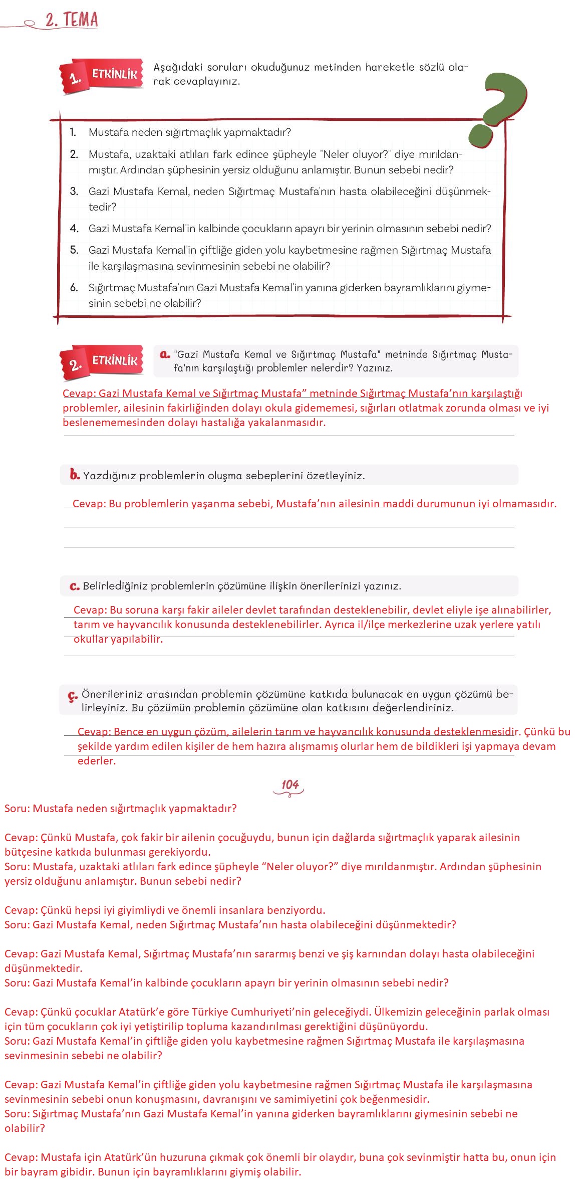 5. Sınıf Meb Yayınları Türkçe Ders Kitabı 1. Kitap Sayfa 104 Cevapları