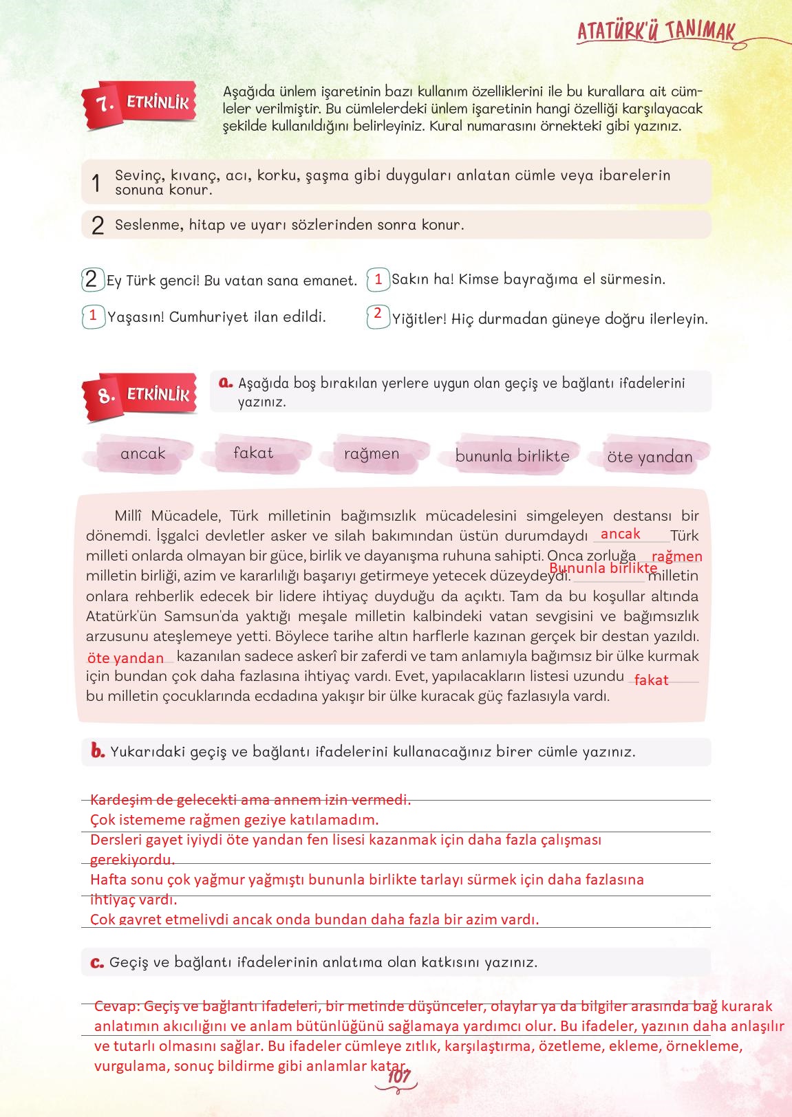 5. Sınıf Meb Yayınları Türkçe Ders Kitabı 1. Kitap Sayfa 107 Cevapları