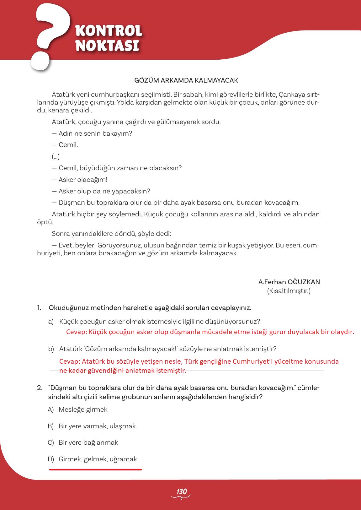 5. Sınıf Meb Yayınları Türkçe Ders Kitabı 1. Kitap Sayfa 130 Cevapları