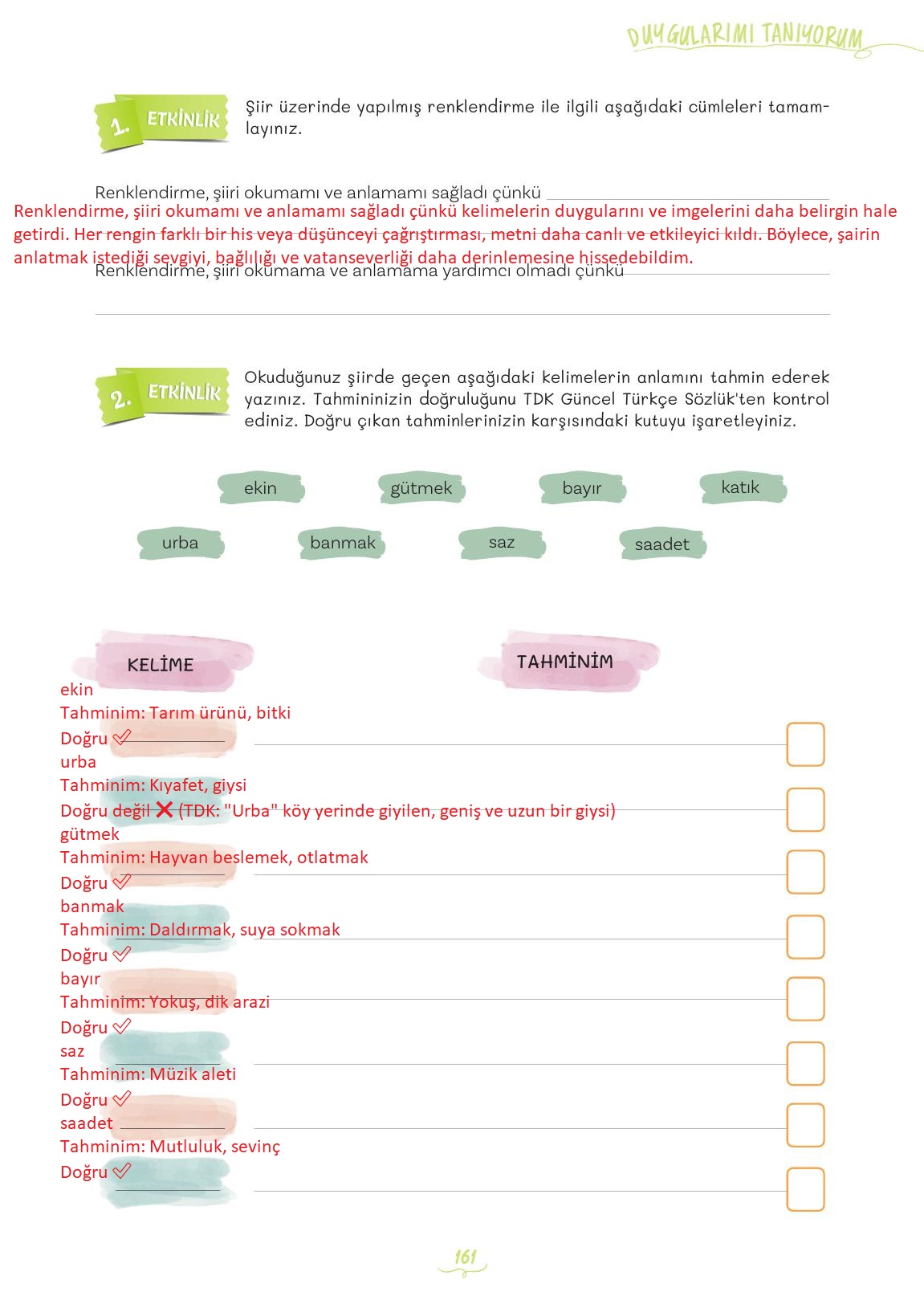 5. Sınıf Meb Yayınları Türkçe Ders Kitabı 1. Kitap Sayfa 161 Cevapları