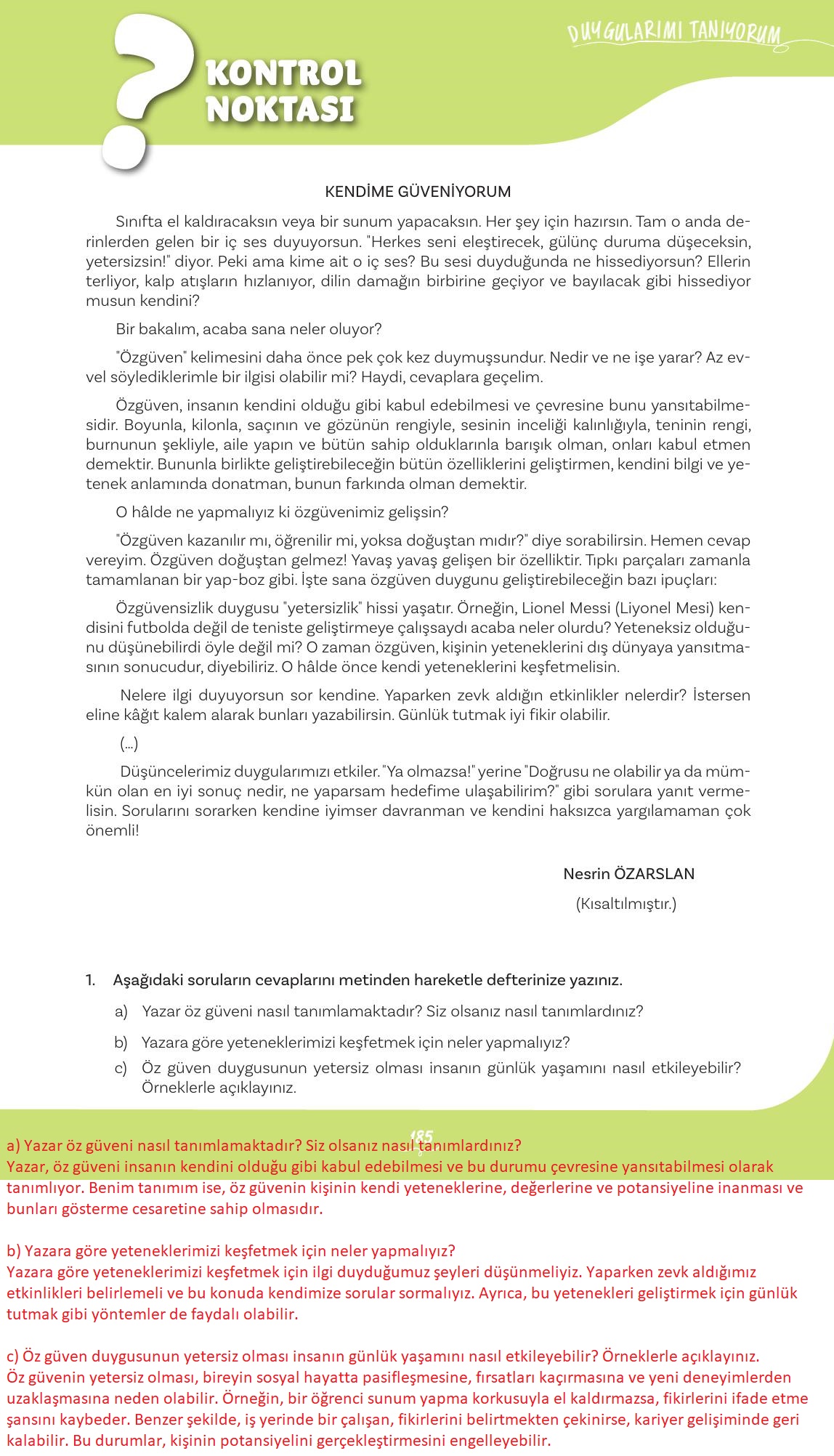 5. Sınıf Meb Yayınları Türkçe Ders Kitabı 1. Kitap Sayfa 185 Cevapları