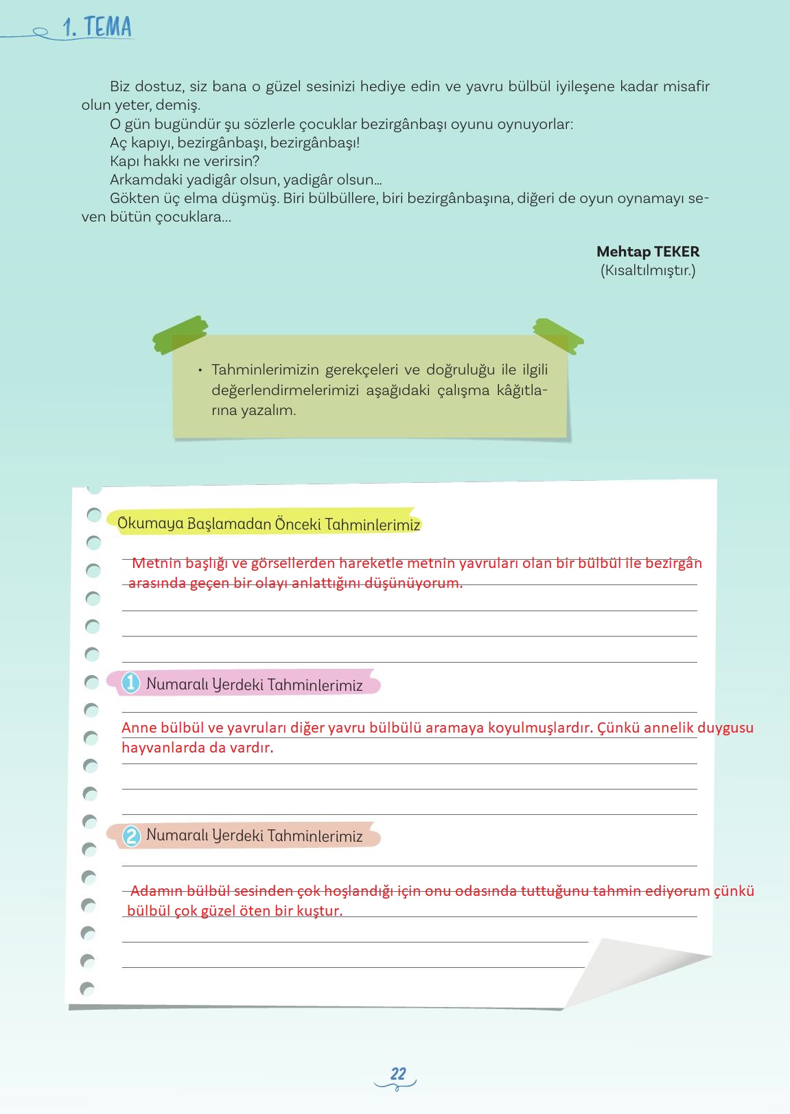 5. Sınıf Meb Yayınları Türkçe Ders Kitabı 1. Kitap Sayfa 22 Cevapları