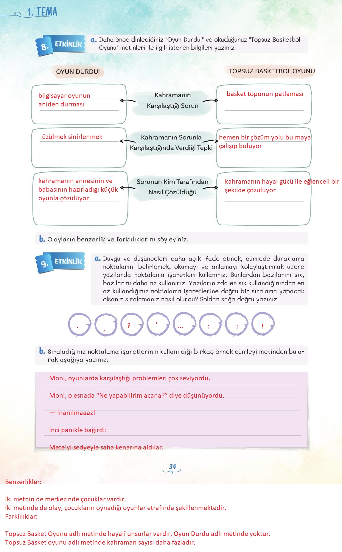 5. Sınıf Meb Yayınları Türkçe Ders Kitabı 1. Kitap Sayfa 34 Cevapları