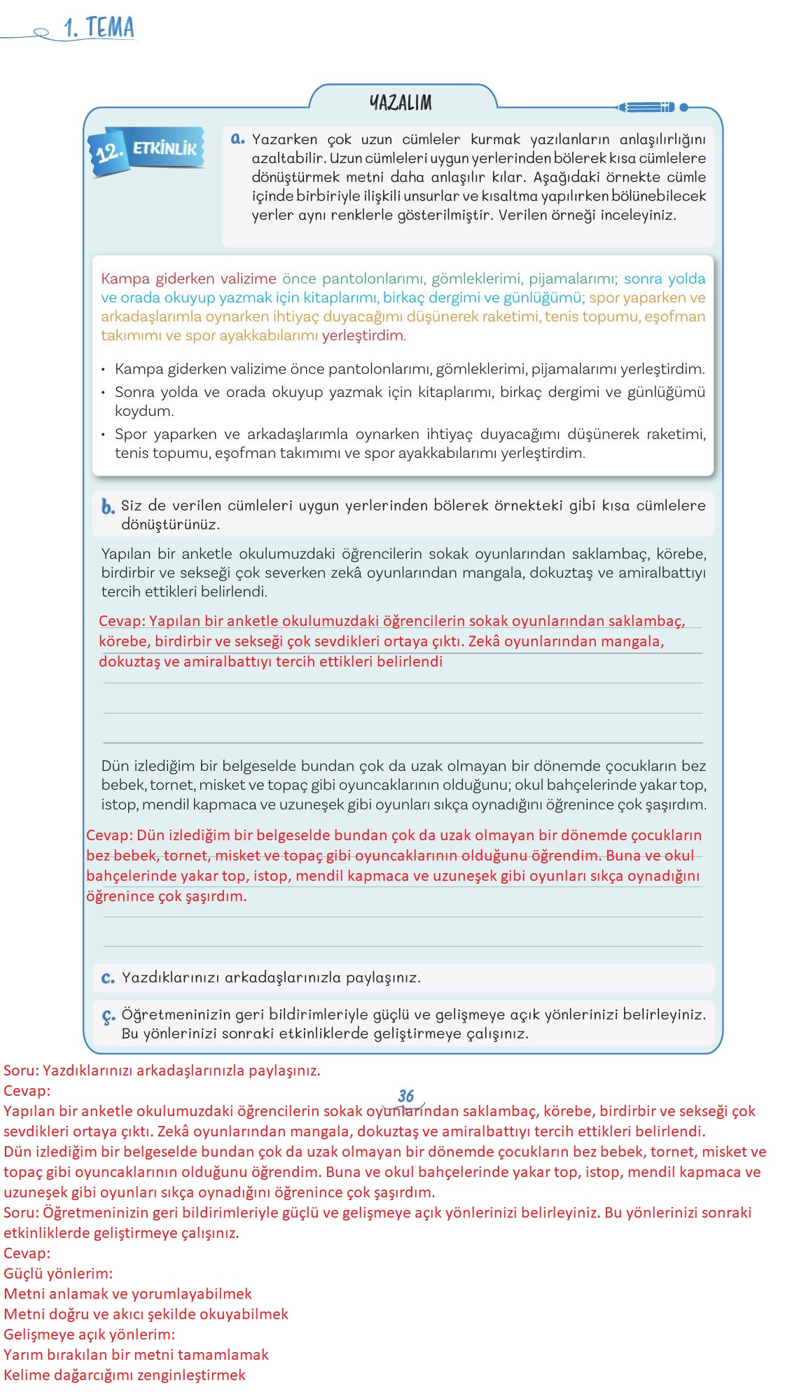 5. Sınıf Meb Yayınları Türkçe Ders Kitabı 1. Kitap Sayfa 36 Cevapları