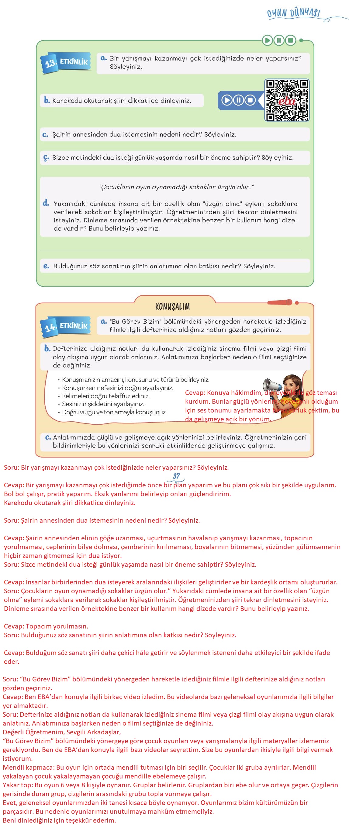 5. Sınıf Meb Yayınları Türkçe Ders Kitabı 1. Kitap Sayfa 37 Cevapları