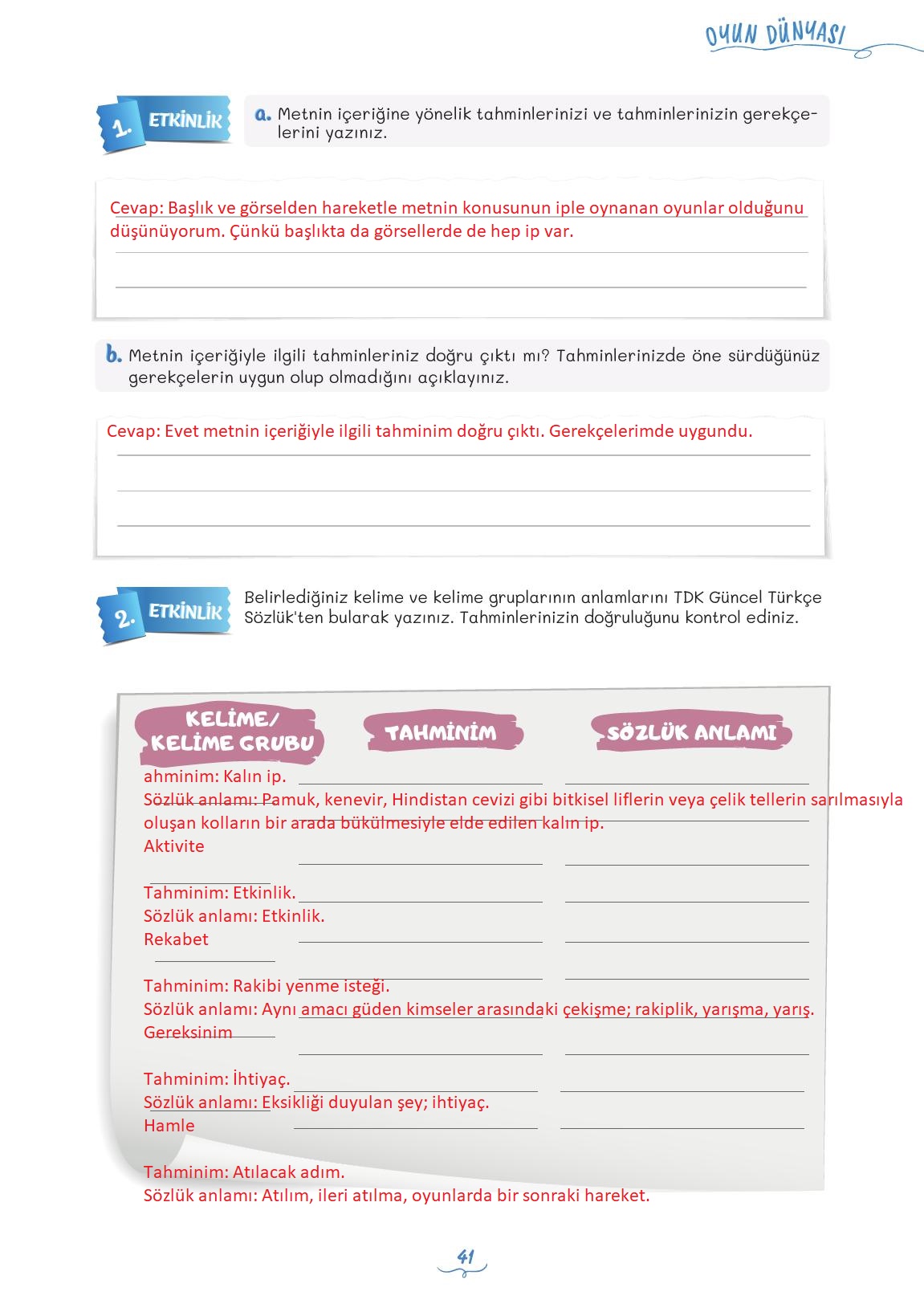 5. Sınıf Meb Yayınları Türkçe Ders Kitabı 1. Kitap Sayfa 41 Cevapları