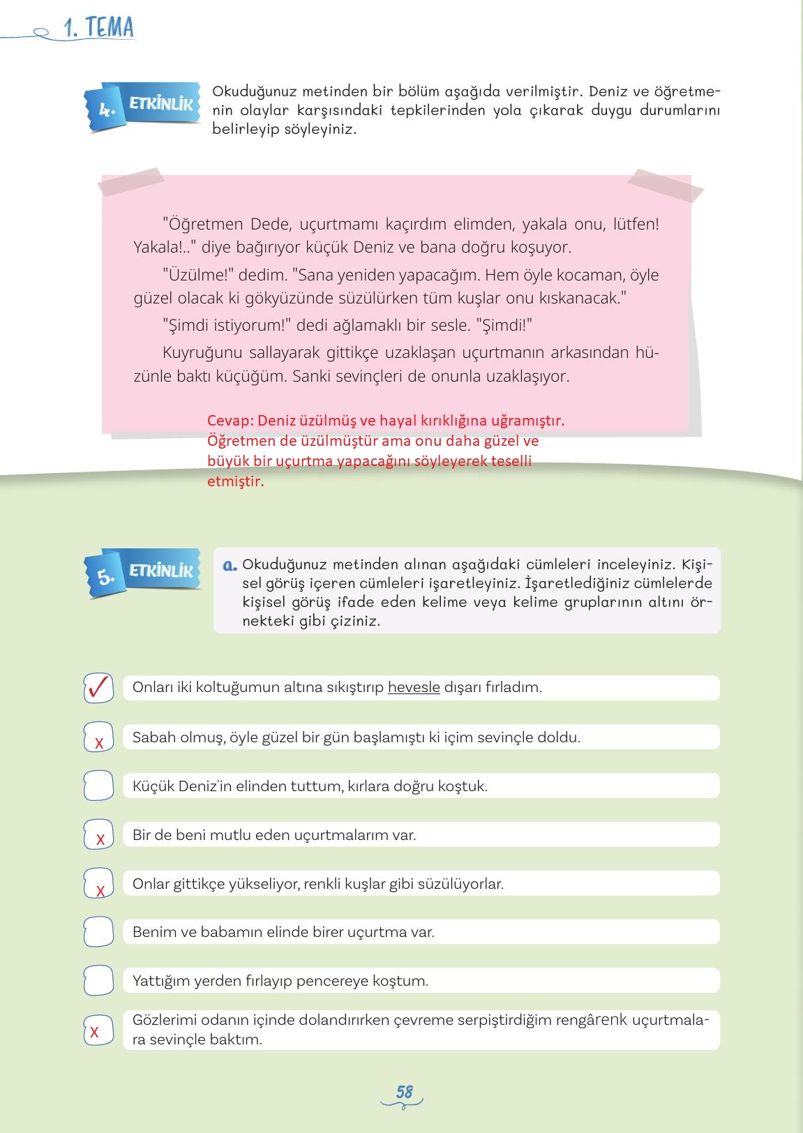 5. Sınıf Meb Yayınları Türkçe Ders Kitabı 1. Kitap Sayfa 58 Cevapları