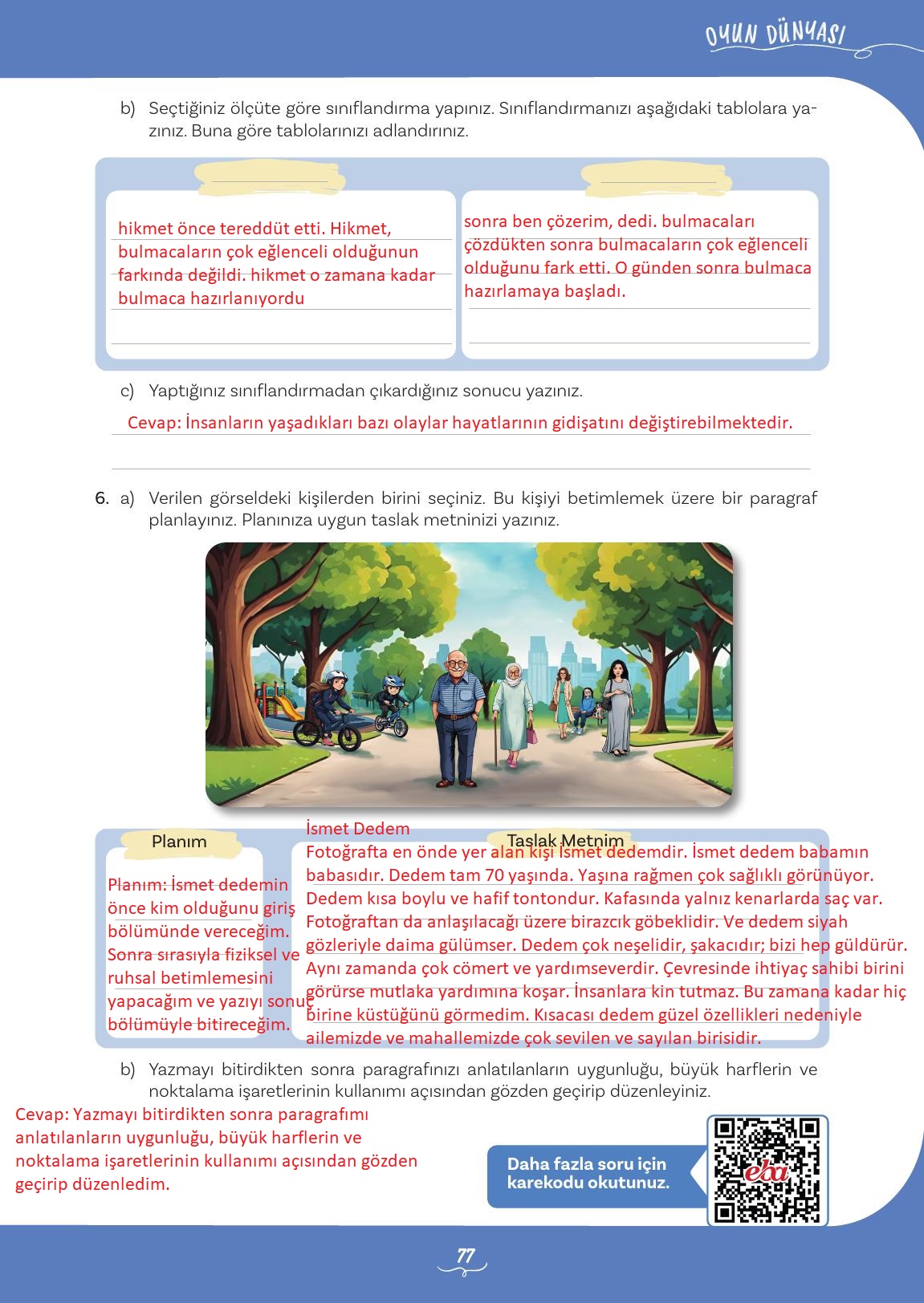 5. Sınıf Meb Yayınları Türkçe Ders Kitabı 1. Kitap Sayfa 77 Cevapları