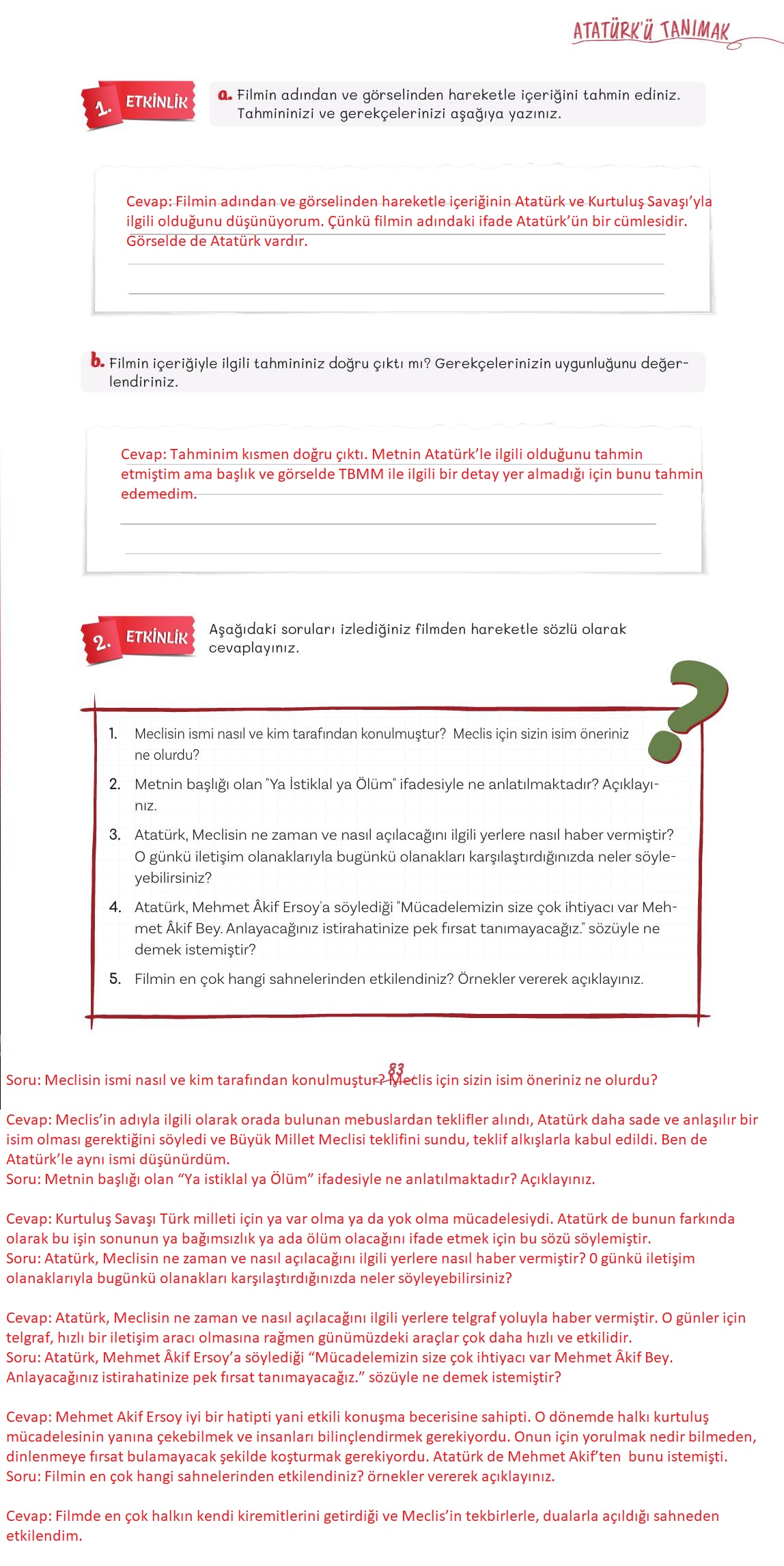 5. Sınıf Meb Yayınları Türkçe Ders Kitabı 1. Kitap Sayfa 83 Cevapları