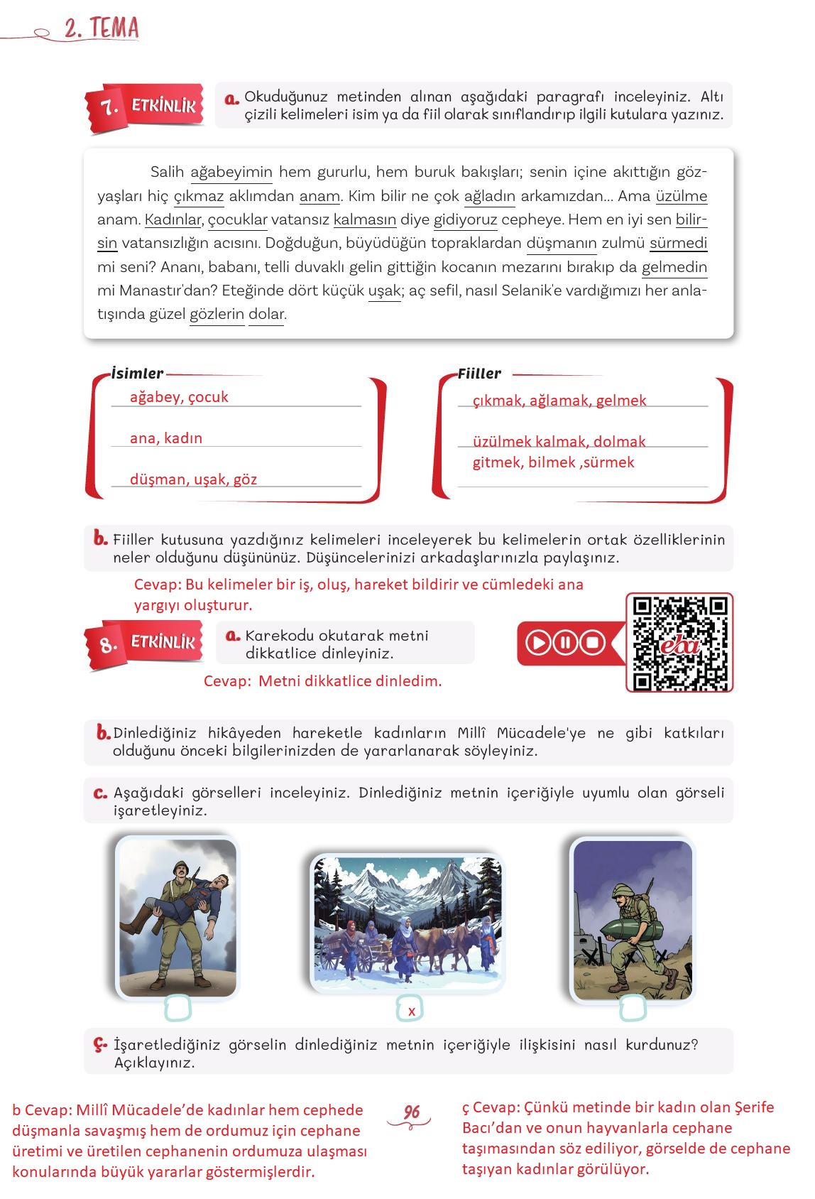 5. Sınıf Meb Yayınları Türkçe Ders Kitabı 1. Kitap Sayfa 96 Cevapları