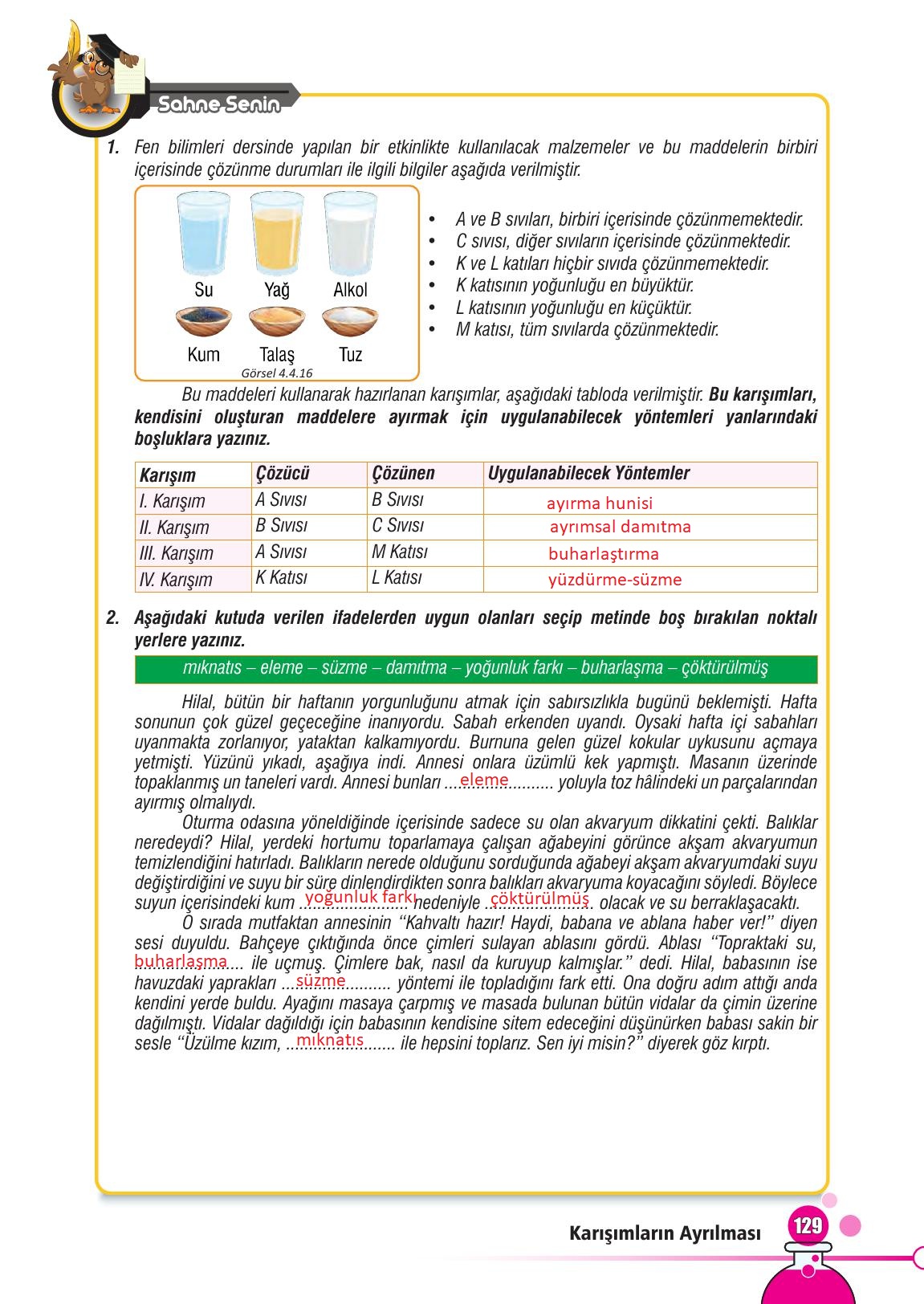 7. Sınıf Meb Yayınları Fen Bilimleri Ders Kitabı Sayfa 129 Cevapları