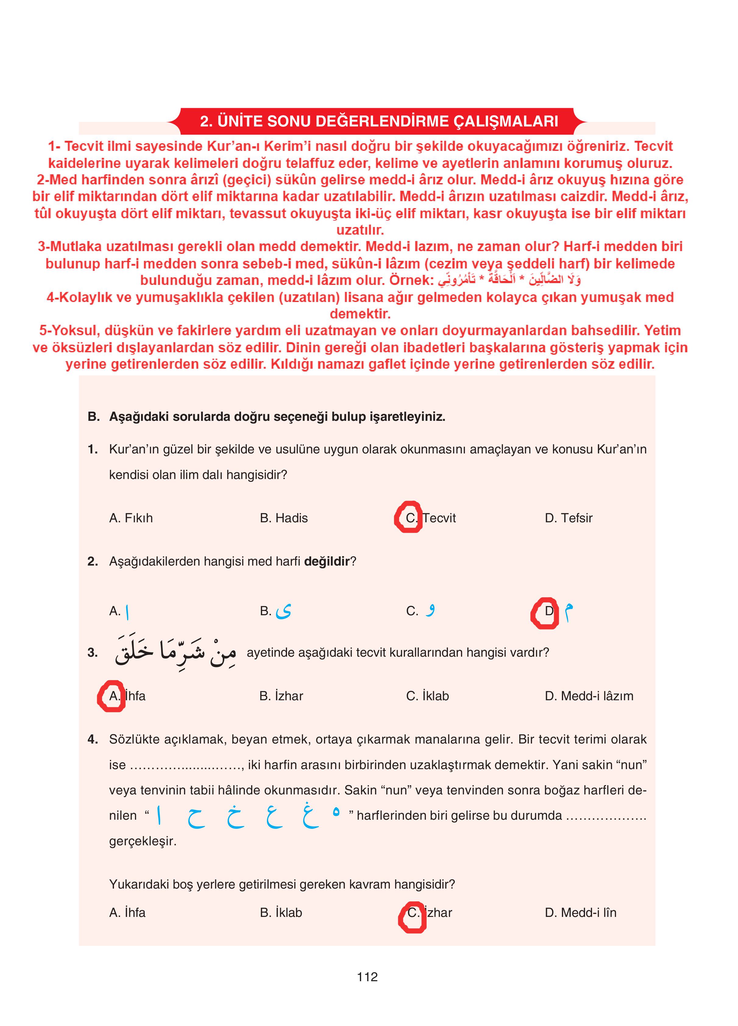 7. Sınıf Sdr Yayıncılık Kuran-ı Kerim Ders Kitabı Sayfa 112 Cevapları