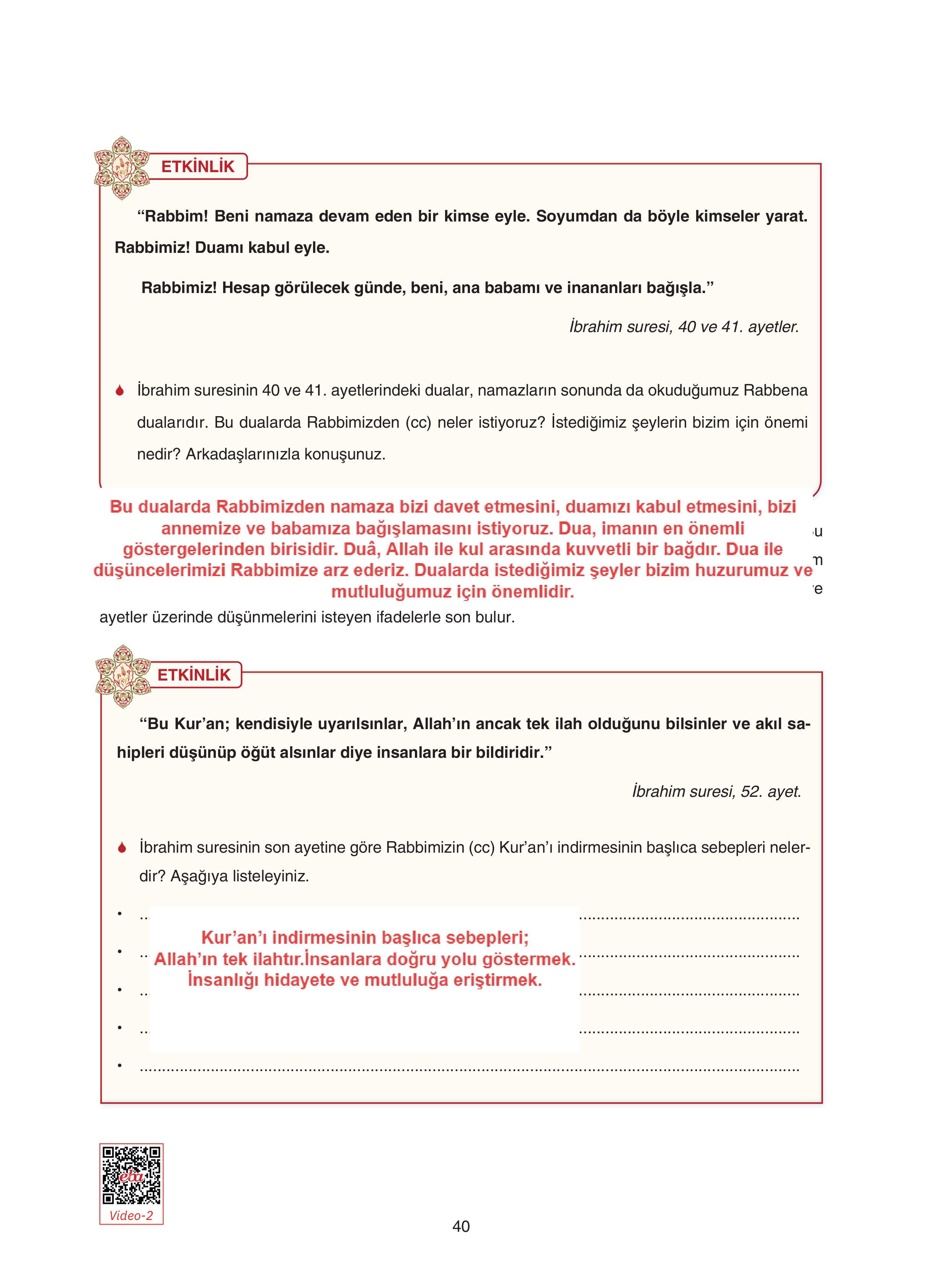 7. Sınıf Sdr Yayıncılık Kuran-ı Kerim Ders Kitabı Sayfa 40 Cevapları