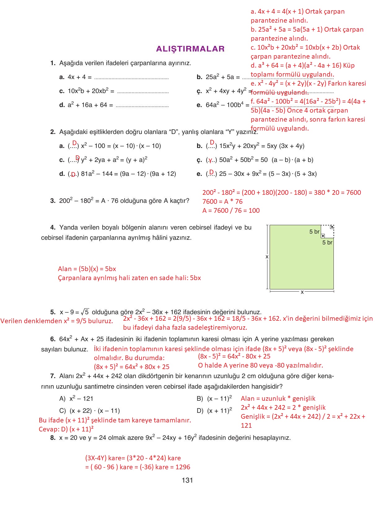 8. Sınıf Ada Yayıncılık Matematik Ders Kitabı Sayfa 131 Cevapları 8. Sınıf Ada Yayıncılık Matematik Ders Kitabı Sayfa 131 Cevapları