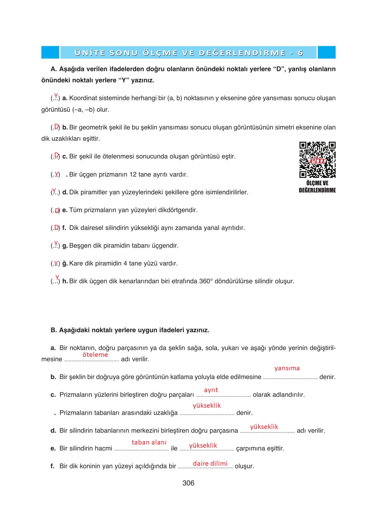 8. Sınıf Ada Yayıncılık Matematik Ders Kitabı Sayfa 306 Cevapları 8. Sınıf Ada Yayıncılık Matematik Ders Kitabı Sayfa 306 Cevapları