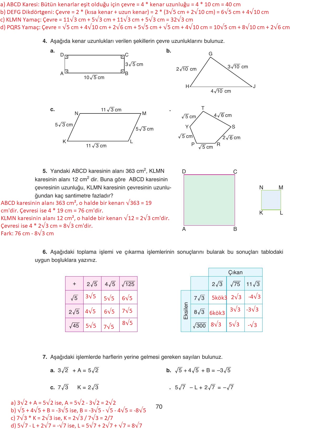 8. Sınıf Ada Yayıncılık Matematik Ders Kitabı Sayfa 70 Cevapları