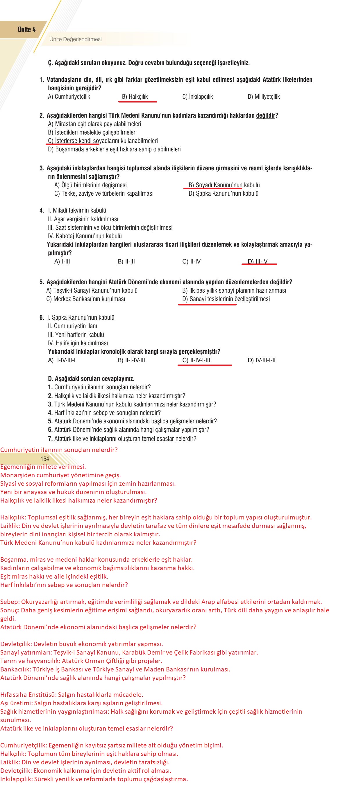 8. Sınıf Sek Yayınları İnkılap Tarihi Ve Atatürkçülük Ders Kitabı Sayfa 164 Cevapları