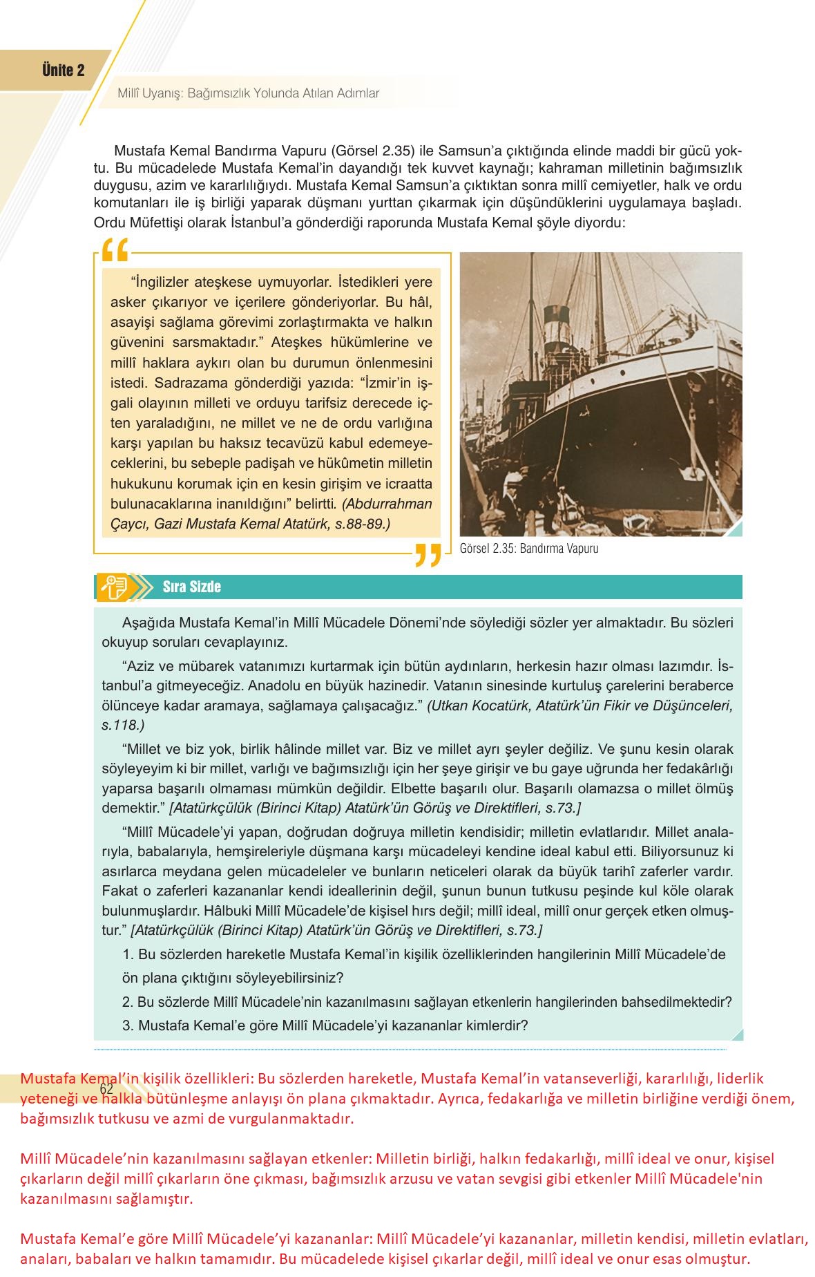 8. Sınıf Sek Yayınları İnkılap Tarihi Ve Atatürkçülük Ders Kitabı Sayfa 62 Cevapları