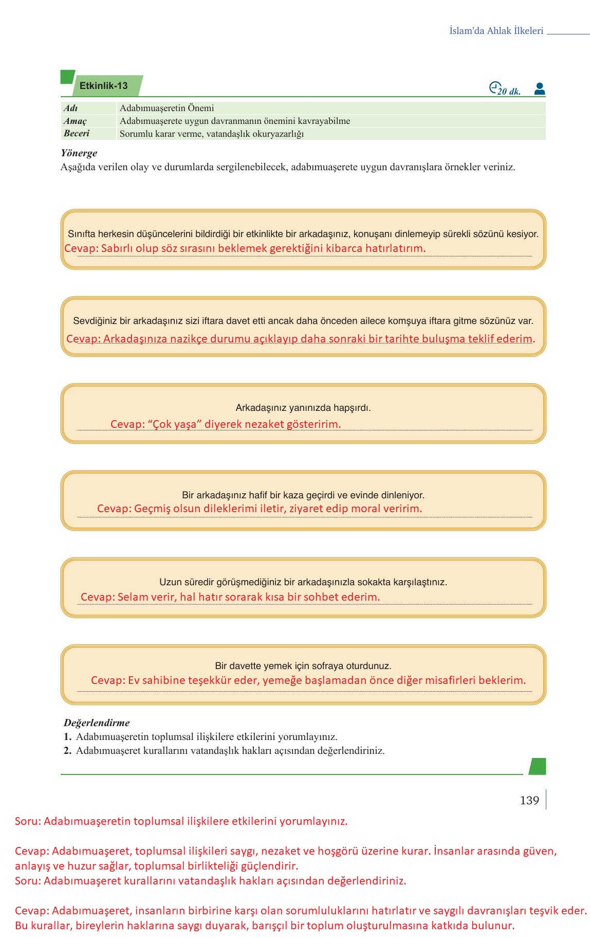 9. Sınıf Meb Yayınları Din Kültürü Ve Ahlak Bilgisi Ders Kitabı Sayfa 139 Cevapları