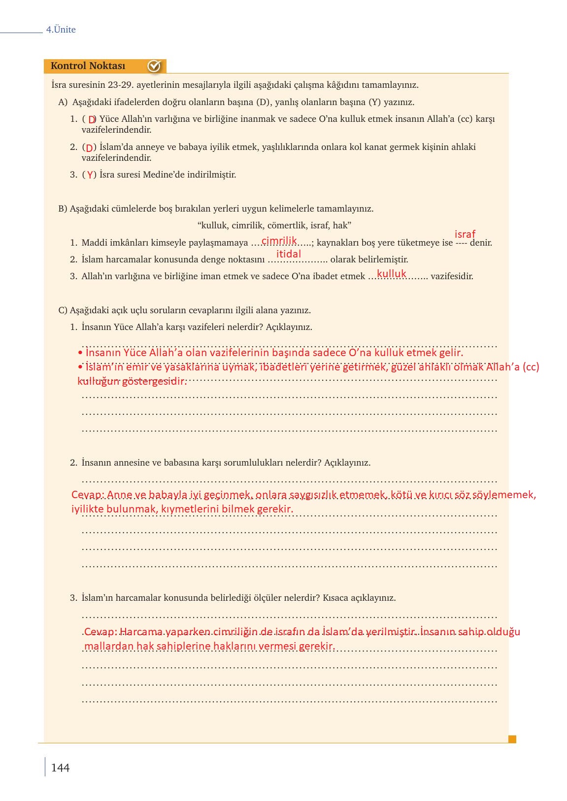 9. Sınıf Meb Yayınları Din Kültürü Ve Ahlak Bilgisi Ders Kitabı Sayfa 144 Cevapları