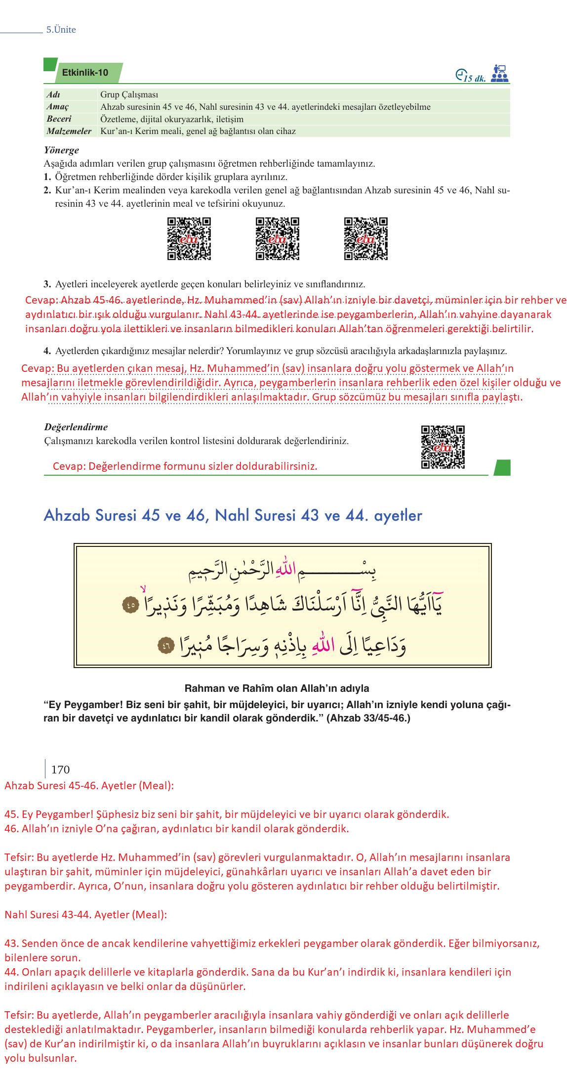9. Sınıf Meb Yayınları Din Kültürü Ve Ahlak Bilgisi Ders Kitabı Sayfa 170 Cevapları