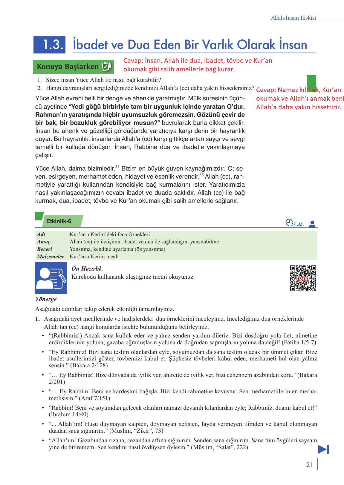 9. Sınıf Meb Yayınları Din Kültürü Ve Ahlak Bilgisi Ders Kitabı Sayfa 21 Cevapları
