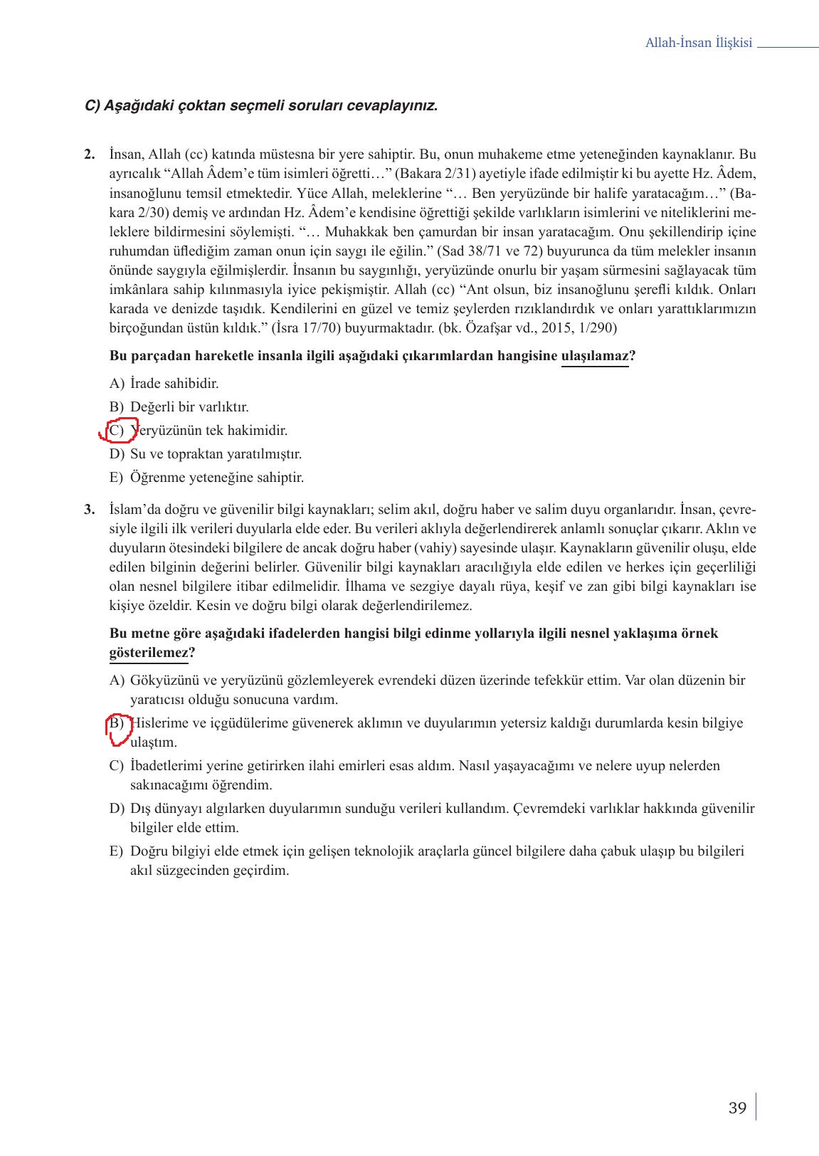 9. Sınıf Meb Yayınları Din Kültürü Ve Ahlak Bilgisi Ders Kitabı Sayfa 39 Cevapları