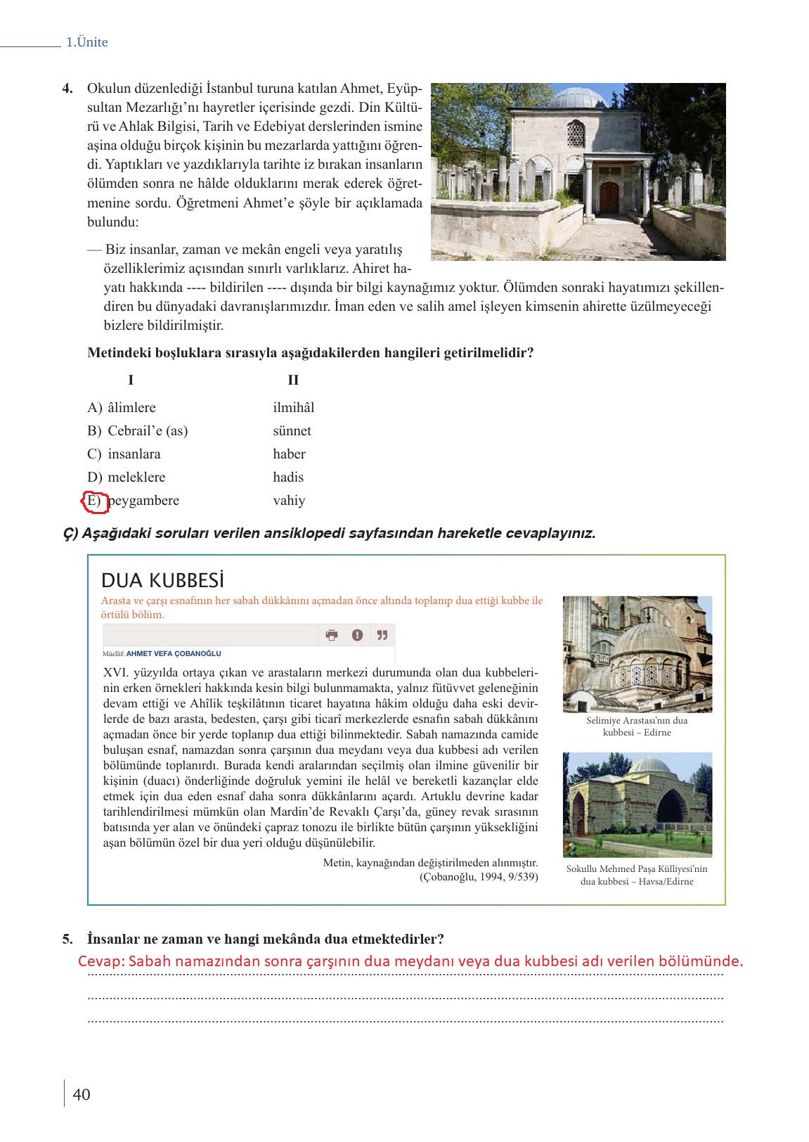 9. Sınıf Meb Yayınları Din Kültürü Ve Ahlak Bilgisi Ders Kitabı Sayfa 40 Cevapları