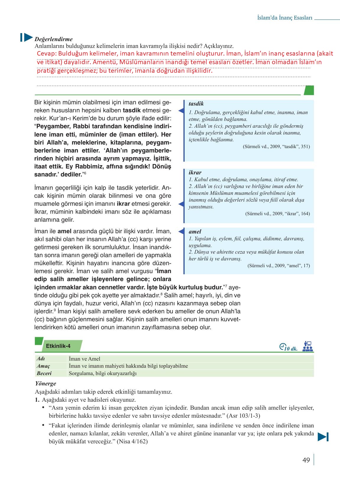 9. Sınıf Meb Yayınları Din Kültürü Ve Ahlak Bilgisi Ders Kitabı Sayfa 49 Cevapları