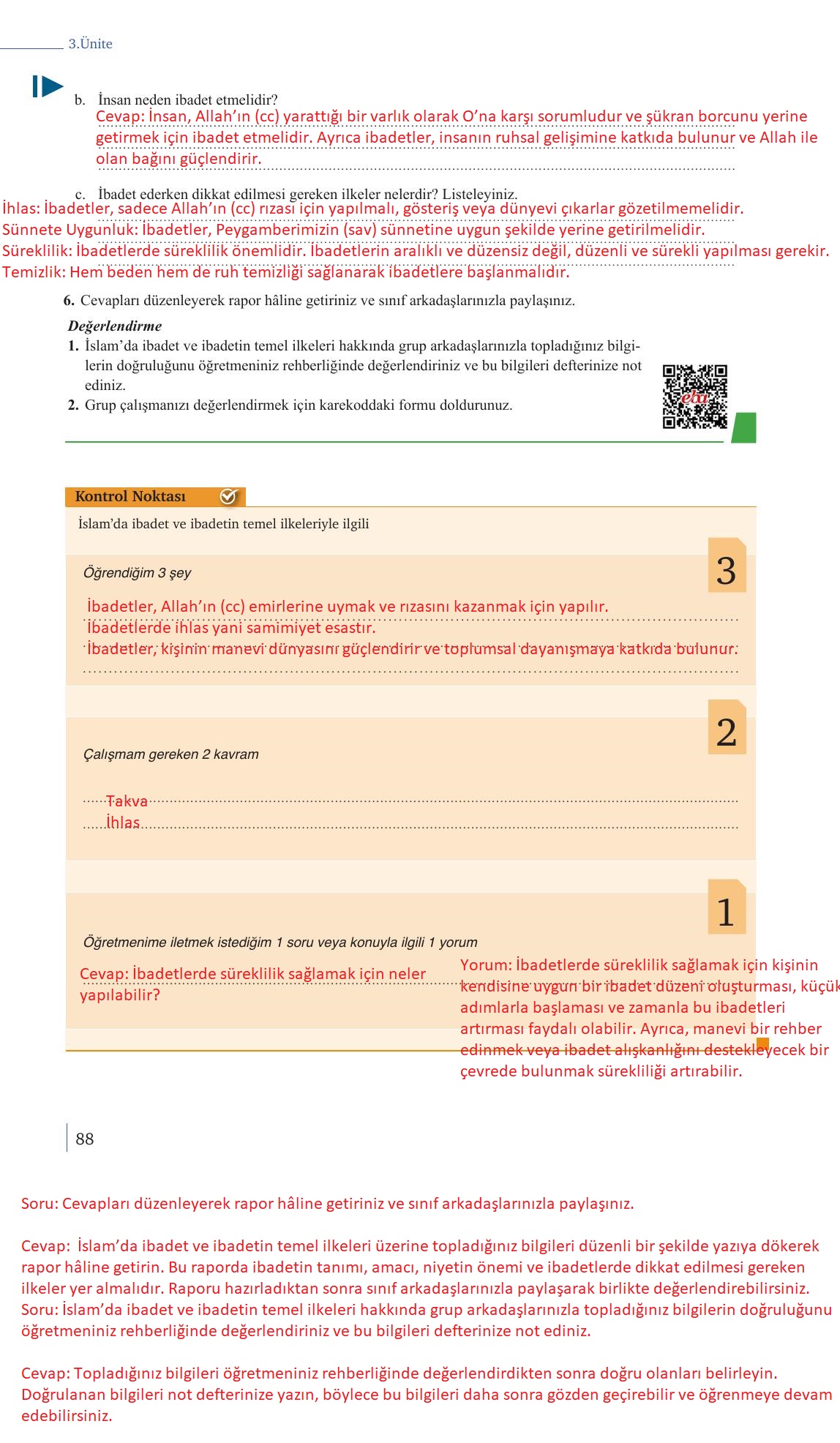 9. Sınıf Meb Yayınları Din Kültürü Ve Ahlak Bilgisi Ders Kitabı Sayfa 88 Cevapları