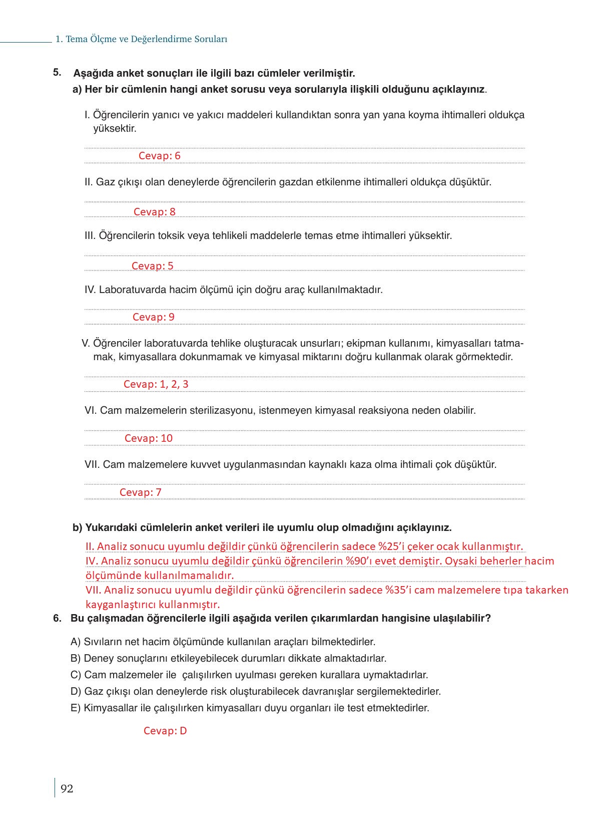 9. Sınıf Meb Yayınları Kimya Ders Kitabı Sayfa 92 Cevapları