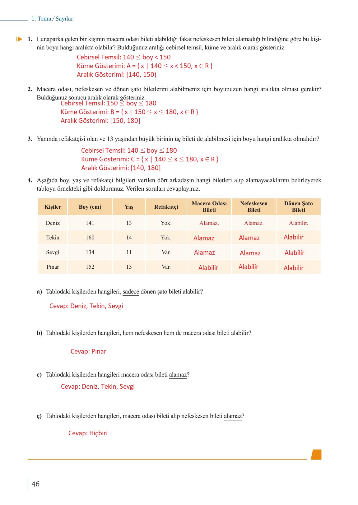 9. Sınıf Meb Yayınları Matematik Ders Kitabı 1. Kitap Sayfa 46 Cevapları
