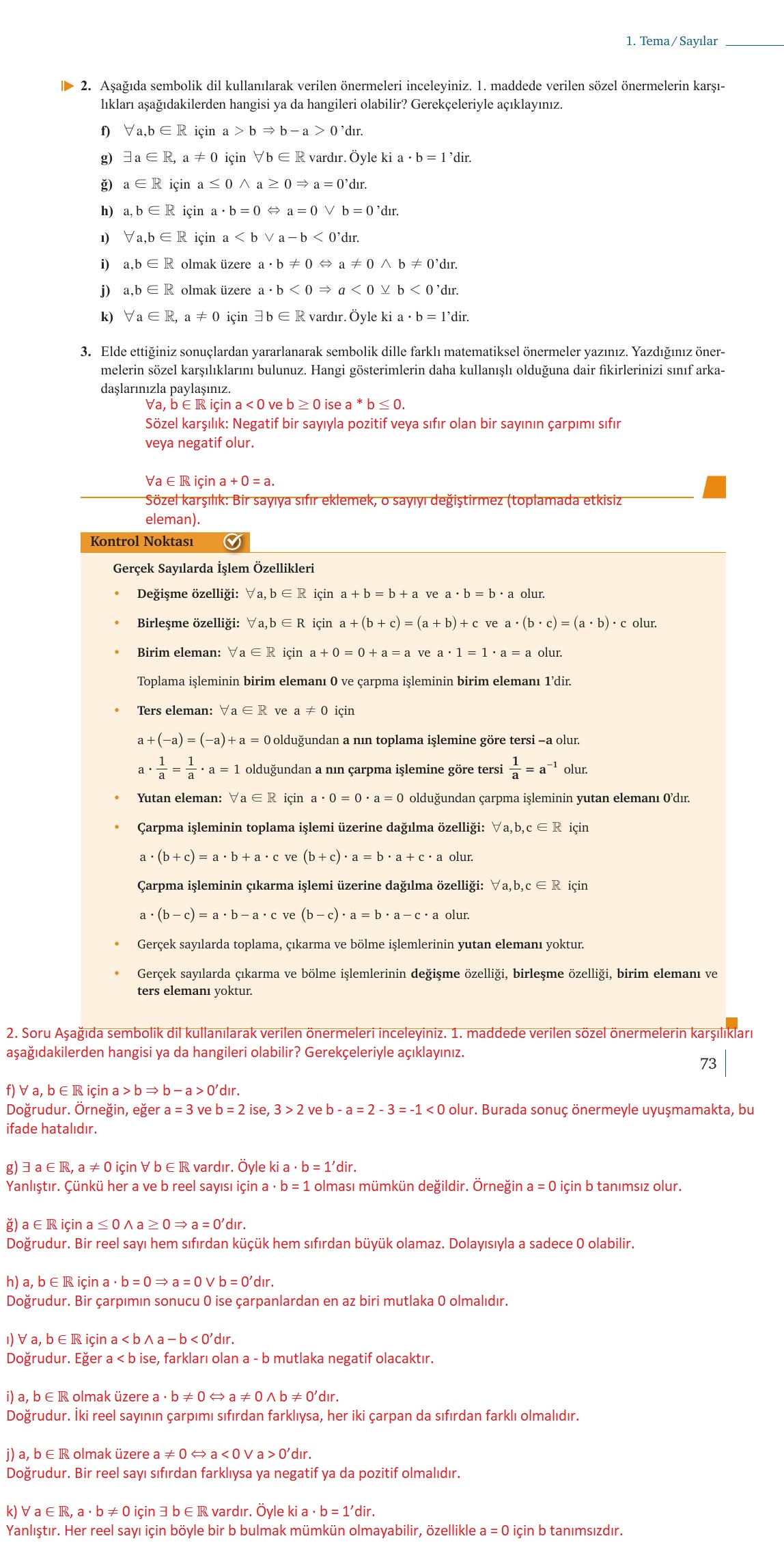 9. Sınıf Meb Yayınları Matematik Ders Kitabı 1. Kitap Sayfa 73 Cevapları