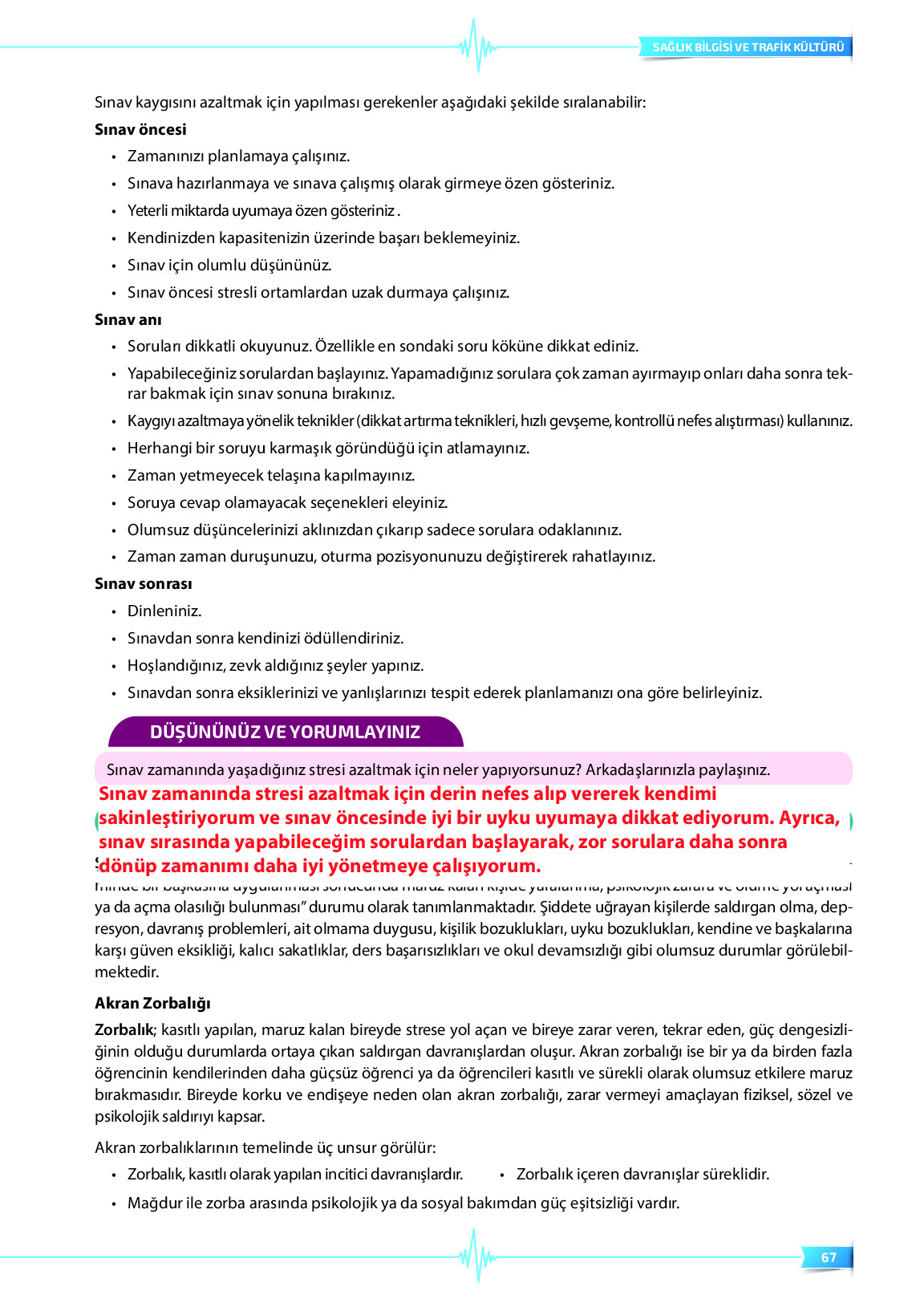 9. Sınıf Meb Yayınları Sağlık Bilgisi Ve Trafik Kültürü Ders Kitabı Sayfa 67 Cevapları
