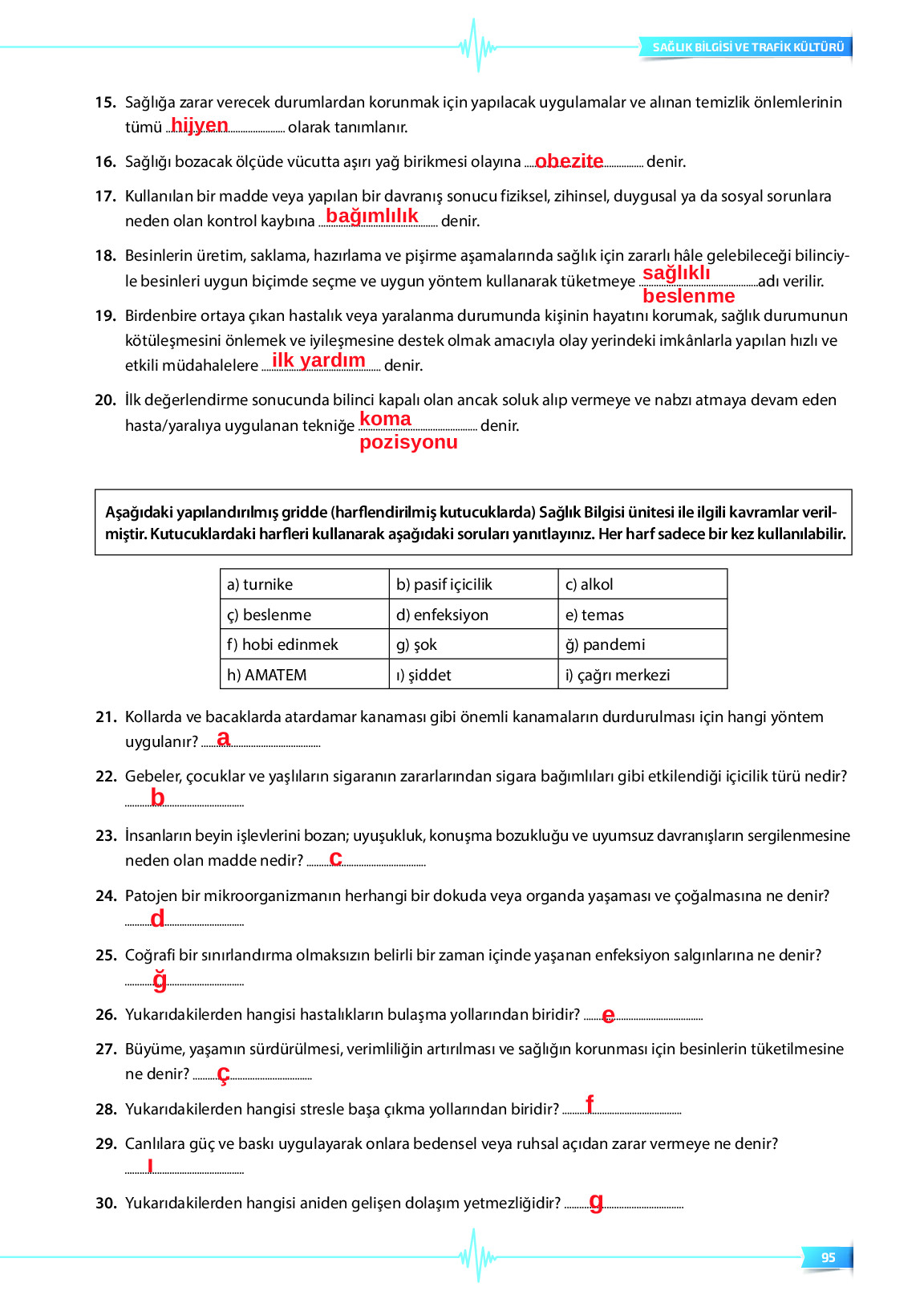 9. Sınıf Meb Yayınları Sağlık Bilgisi Ve Trafik Kültürü Ders Kitabı Sayfa 95 Cevapları