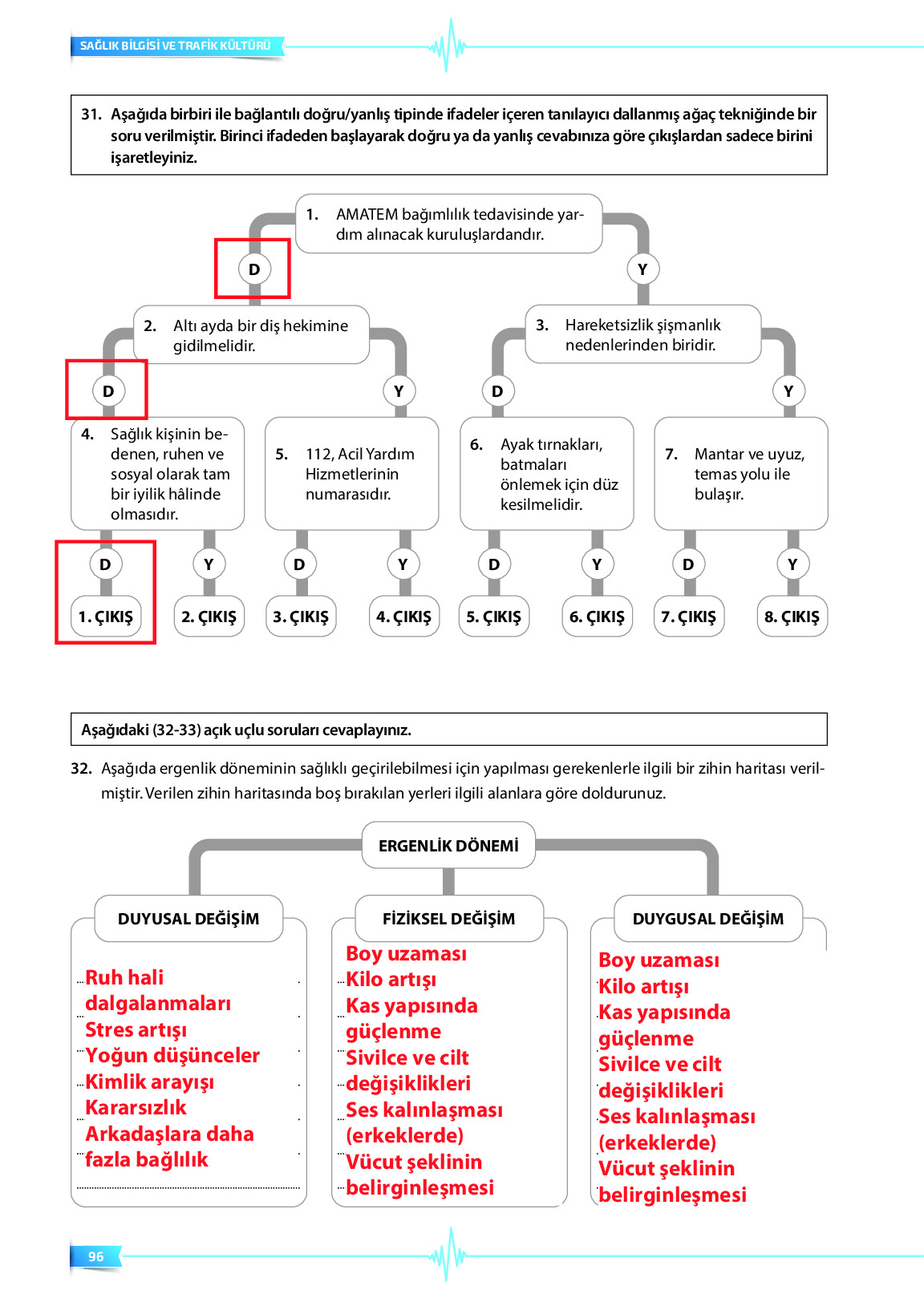 9. Sınıf Meb Yayınları Sağlık Bilgisi Ve Trafik Kültürü Ders Kitabı Sayfa 96 Cevapları