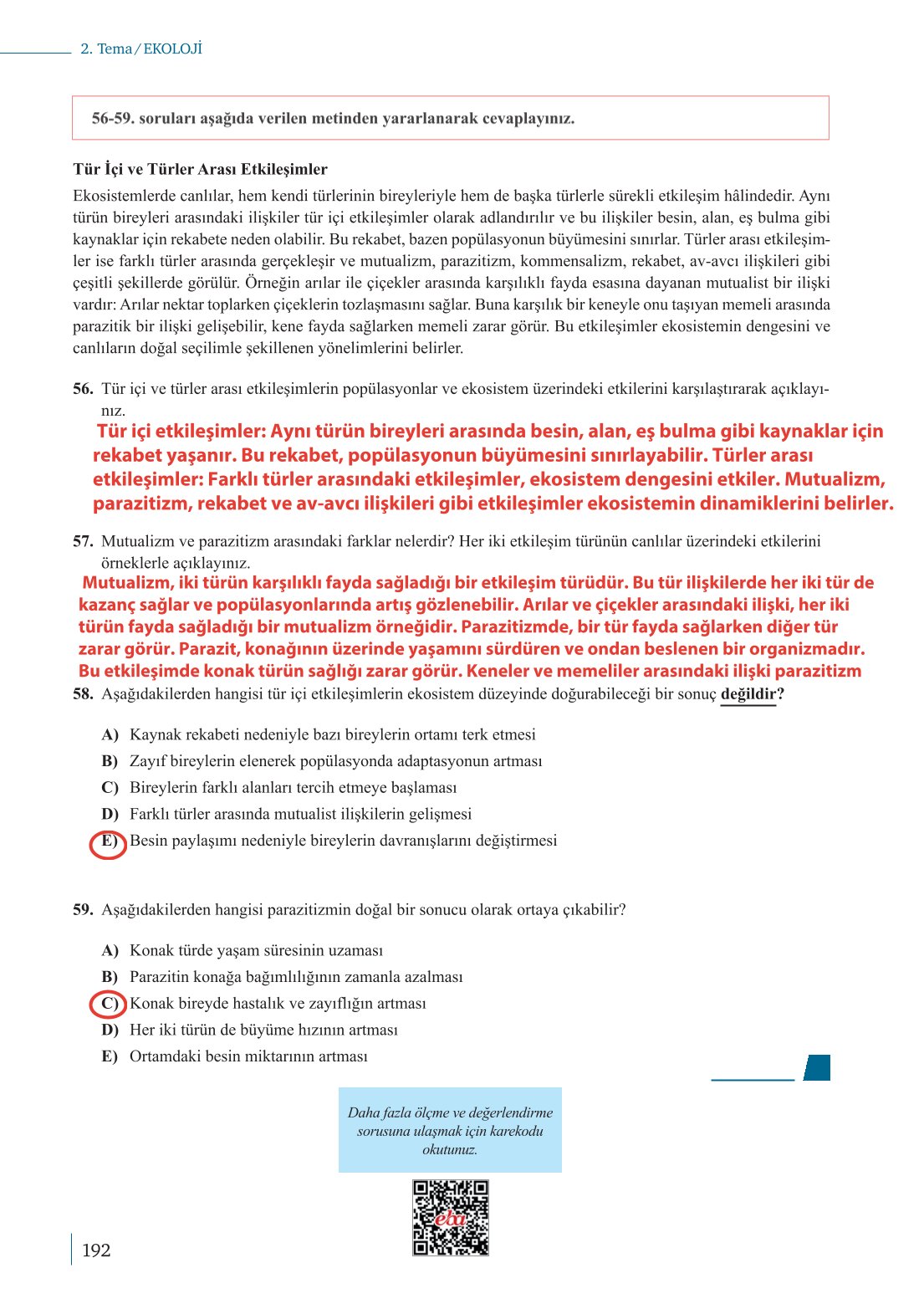 10. Sınıf Meb Yayınları Biyoloji Ders Kitabı Sayfa 192 Cevapları