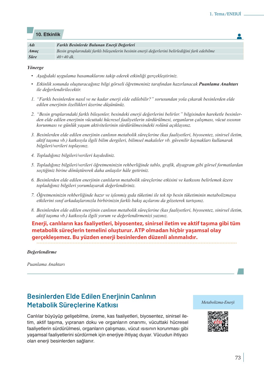 10. Sınıf Meb Yayınları Biyoloji Ders Kitabı Sayfa 73 Cevapları