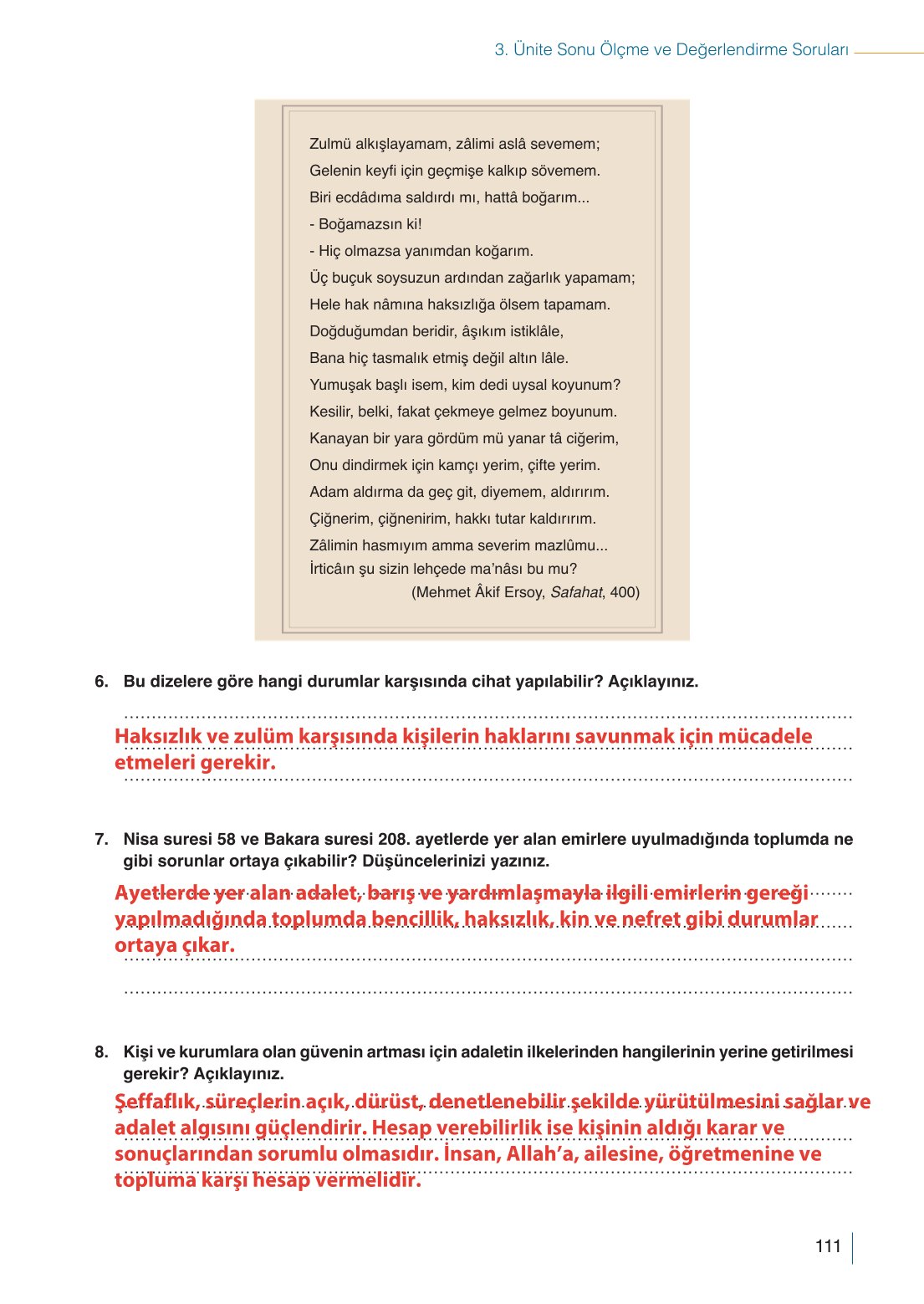 10. Sınıf Meb Yayınları Din Kültürü Ve Ahlak Bilgisi Ders Kitabı Sayfa 111 Cevapları