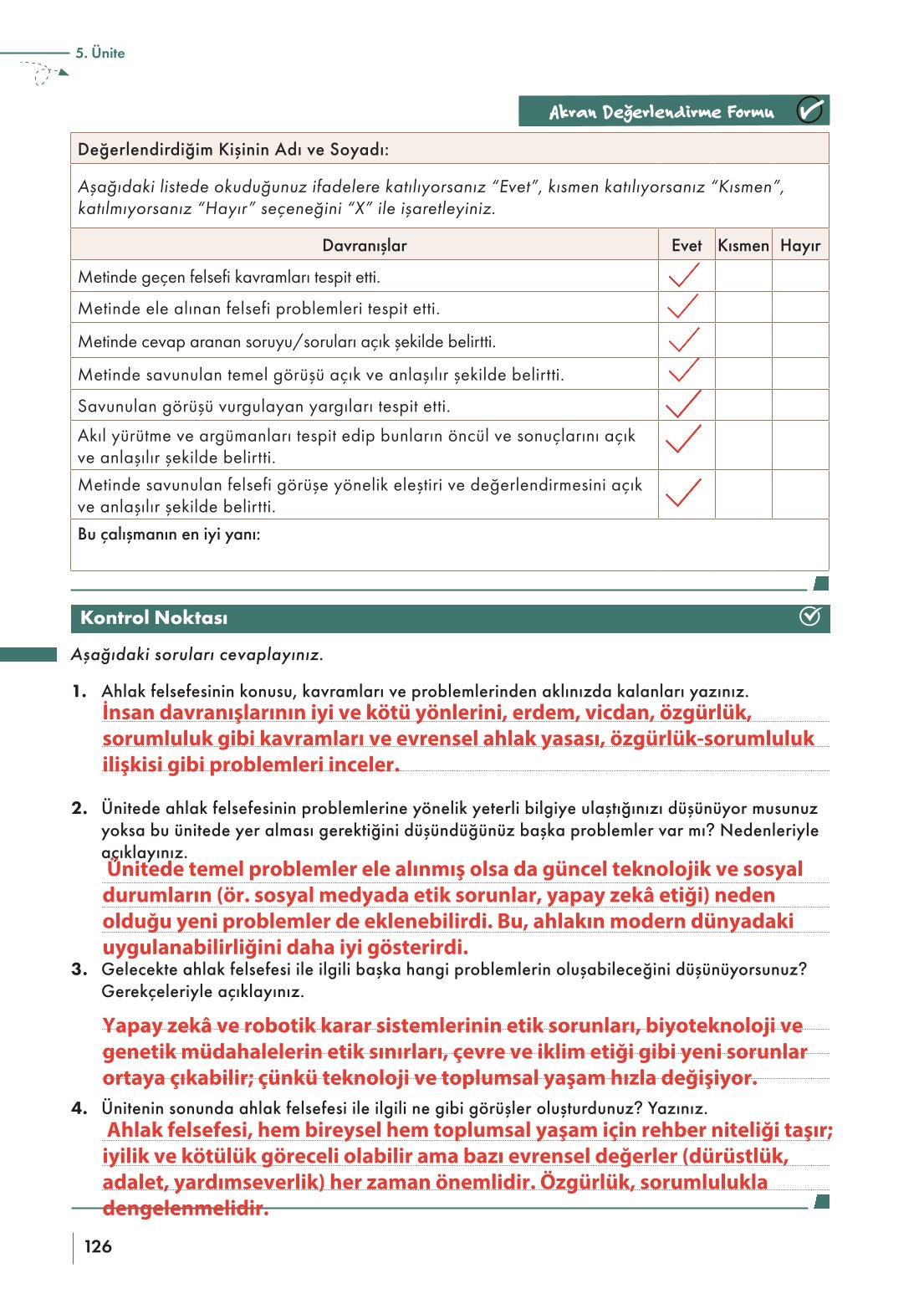 10. Sınıf Meb Yayınları Felsefe Ders Kitabı Sayfa 126 Cevapları