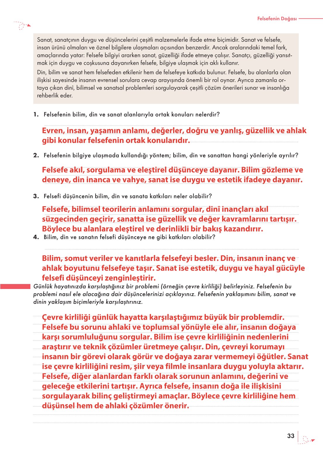 10. Sınıf Meb Yayınları Felsefe Ders Kitabı Sayfa 33 Cevapları