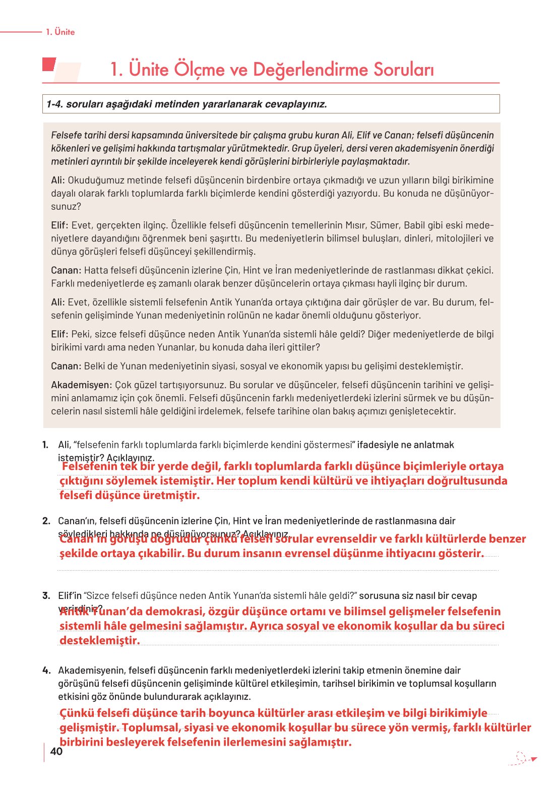 10. Sınıf Meb Yayınları Felsefe Ders Kitabı Sayfa 40 Cevapları