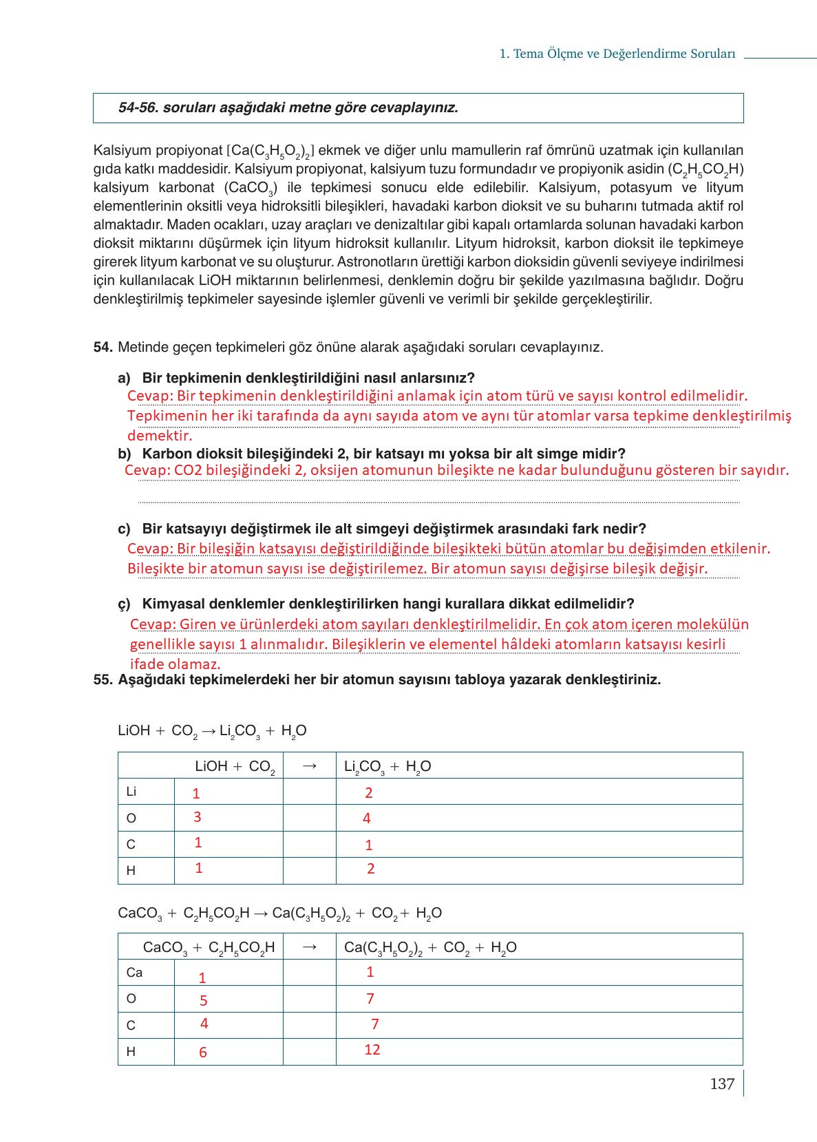 10. Sınıf Meb Yayınları Kimya Ders Kitabı Sayfa 137 Cevapları