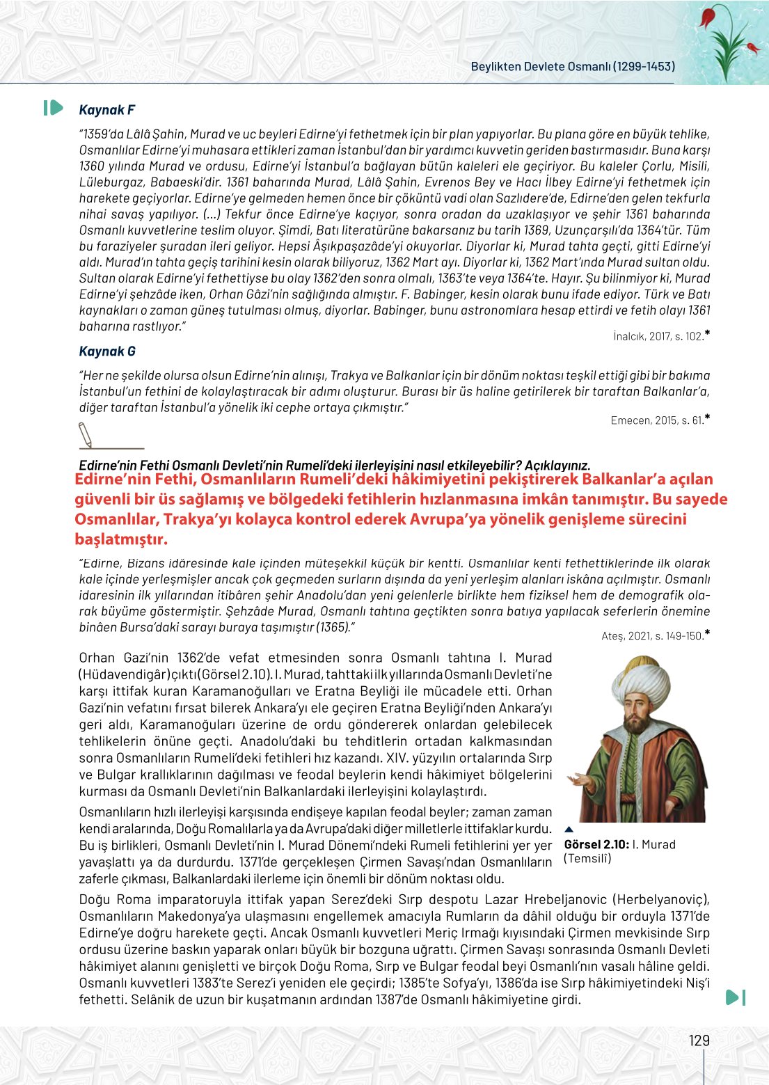 10. Sınıf Meb Yayınları Tarih Ders Kitabı Sayfa 129 Cevapları